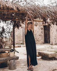 The Black Low Back Linen Tank Dress