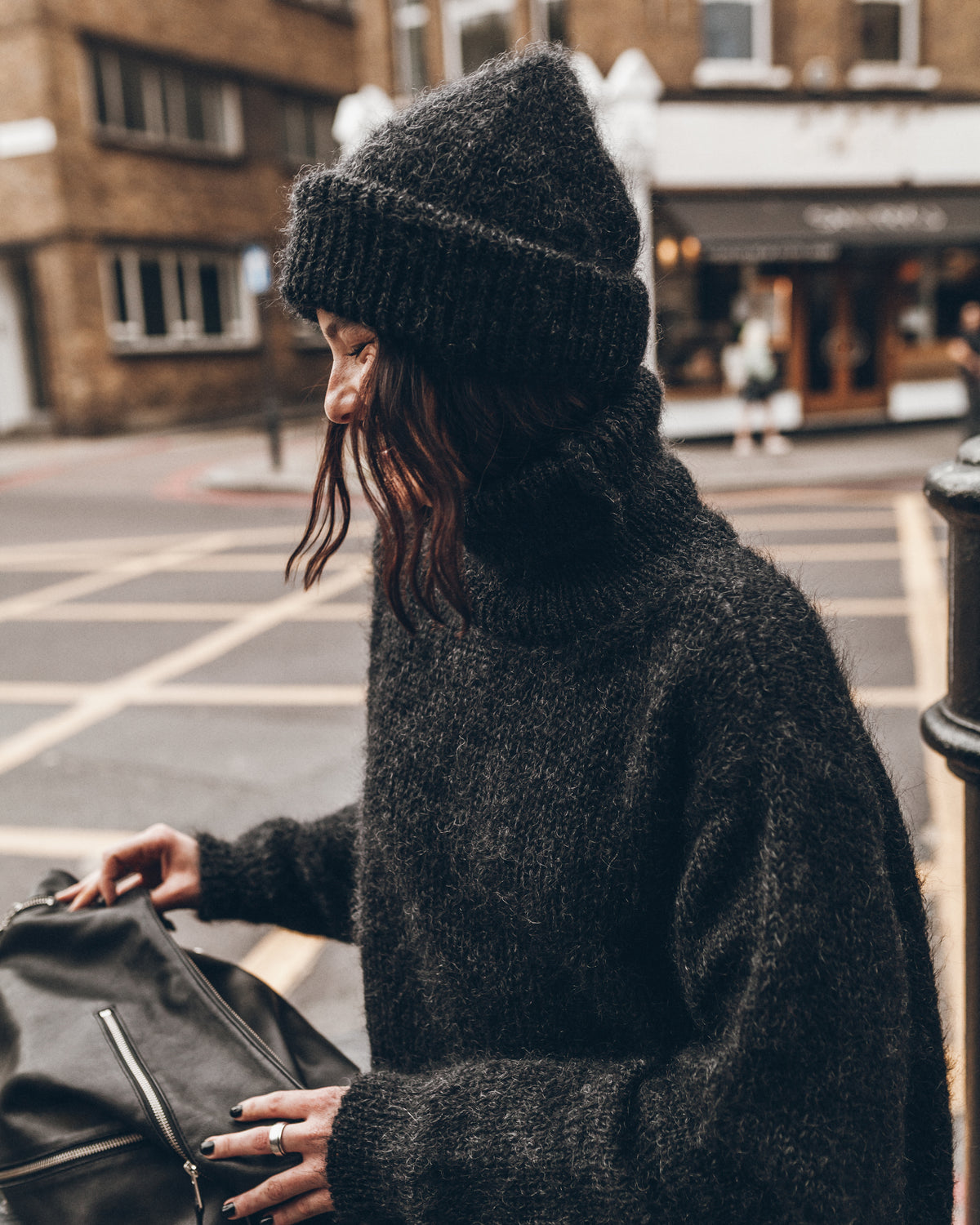 The Black Melange Mohair Knitted Beanie