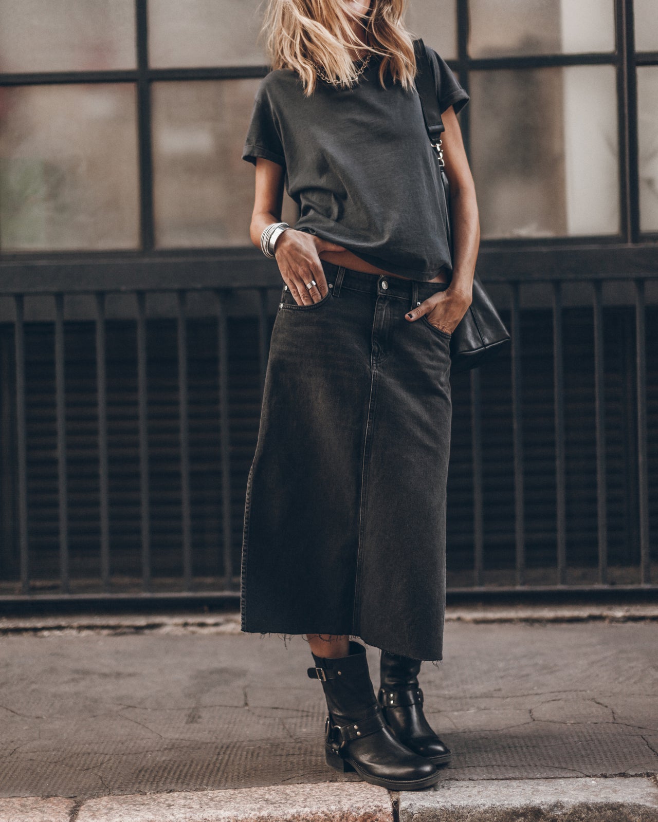 The Black Midi Denim Skirt