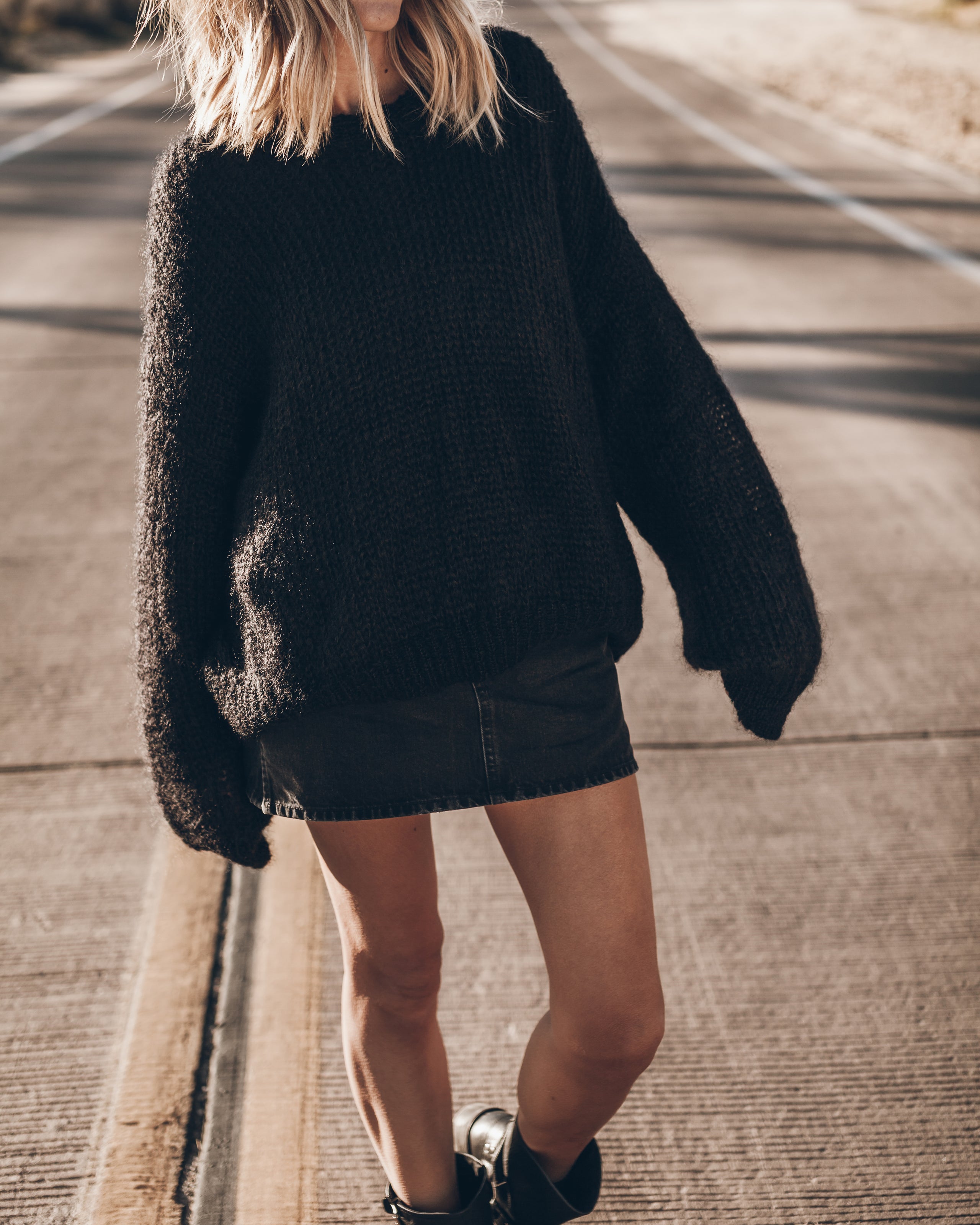The Black Relaxed Fine Knitted Sweater The Black Denim Mini Skirt The Black Buckle Boots Desert C...