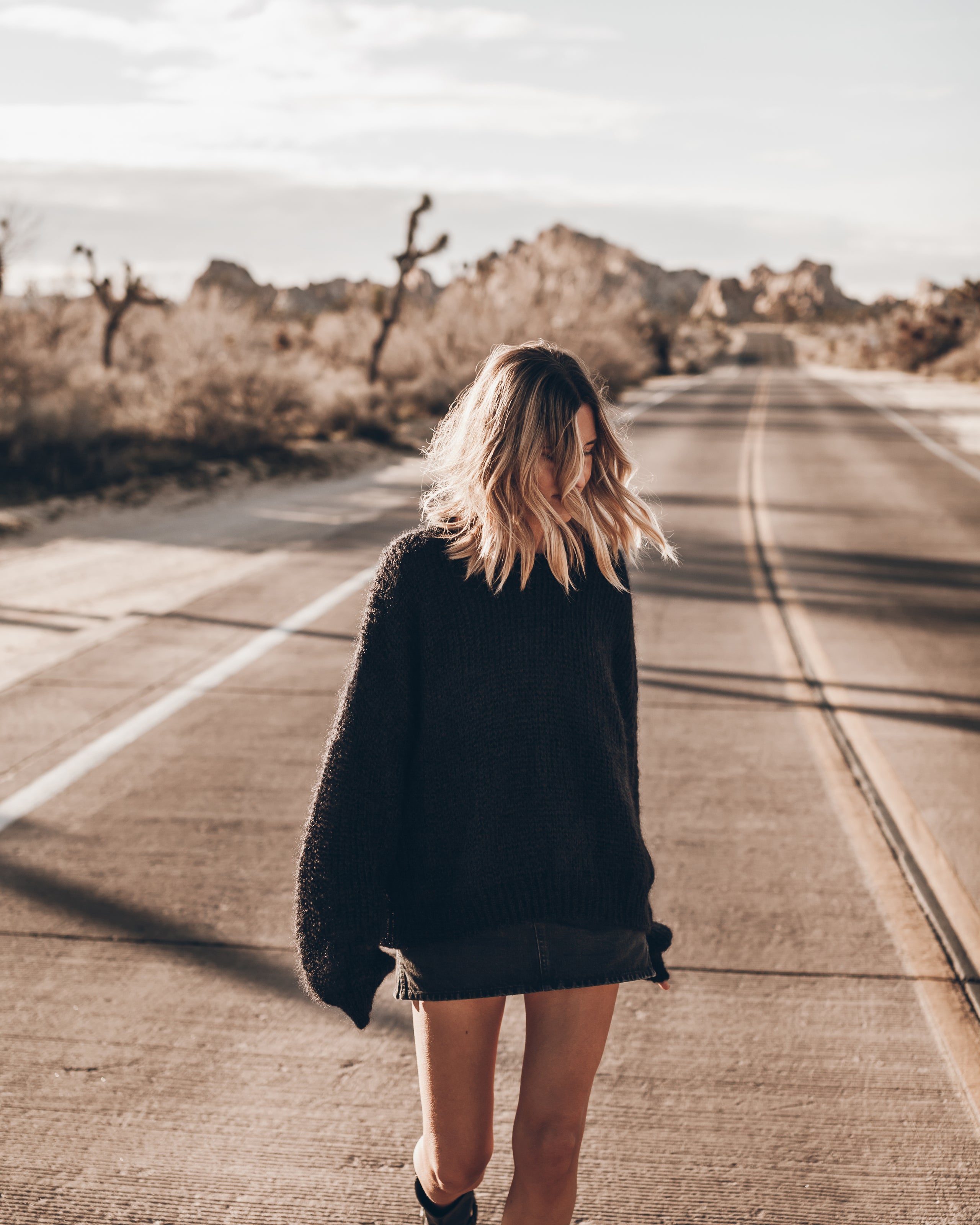 The Black Relaxed Fine Knitted Sweater The Black Denim Mini Skirt The Black Buckle Boots Desert C...