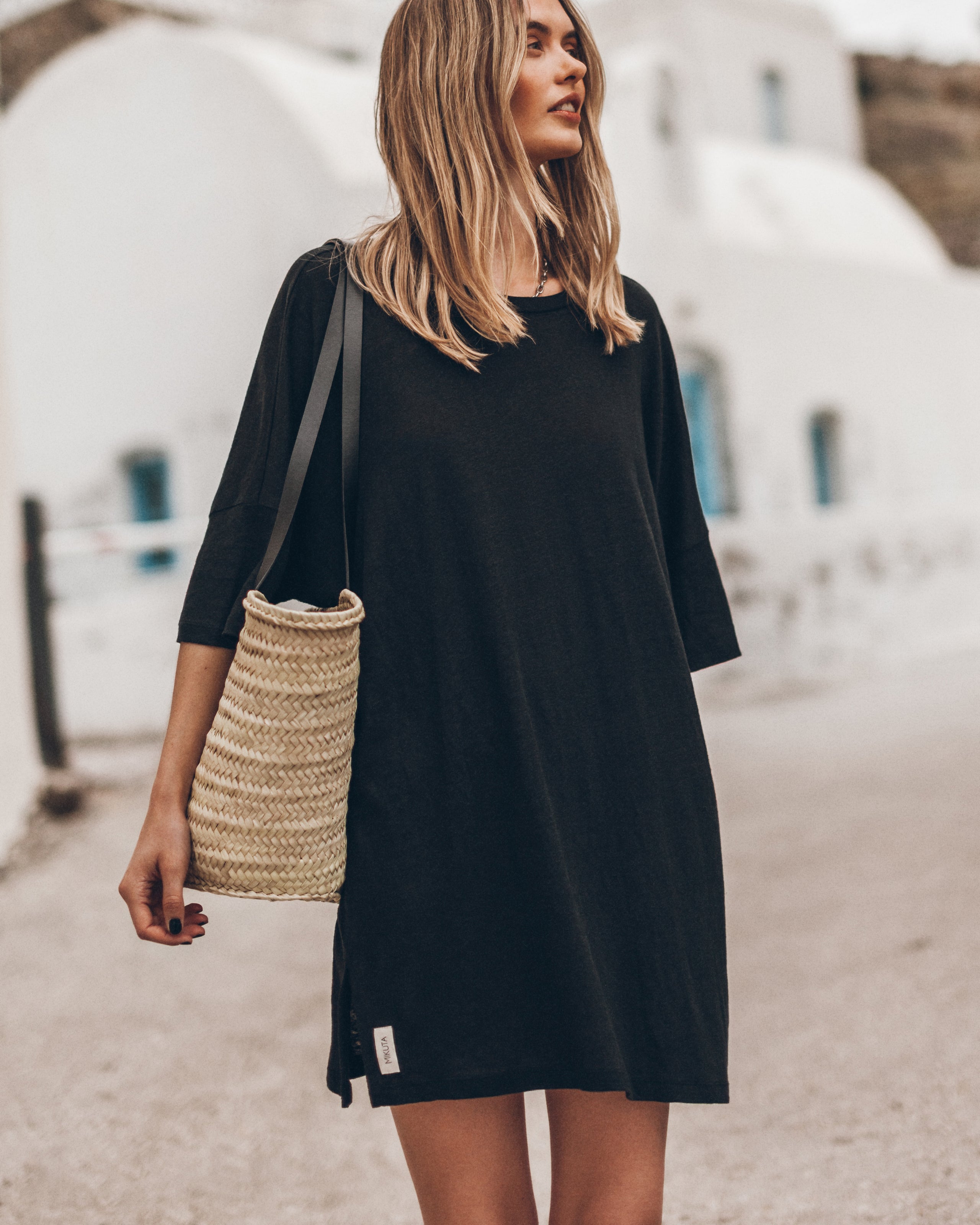 The Black Short Loose Linen T-Shirt Dress