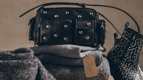 The Black Studded Minou Bag The Studded Leather Ankle Boots The Dark Faded Alpaca Blend Scarf The...