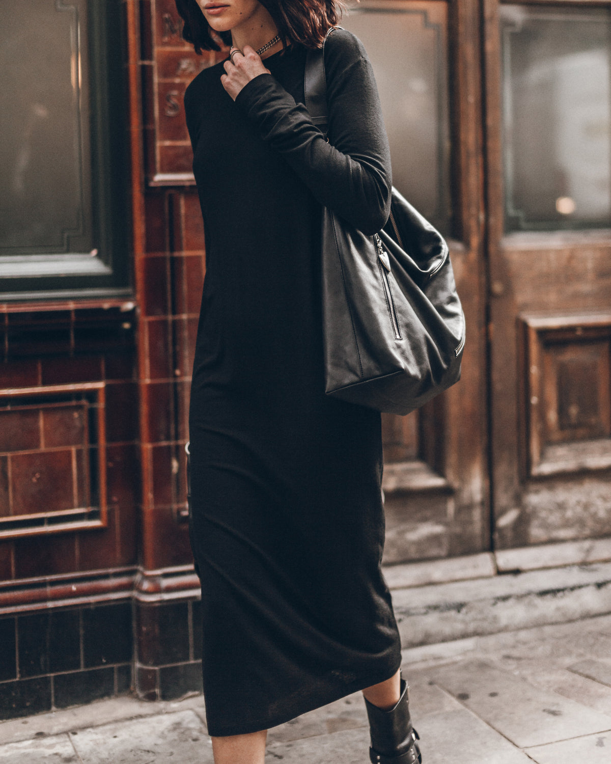 The Black Wool Blend Longsleeve Dress