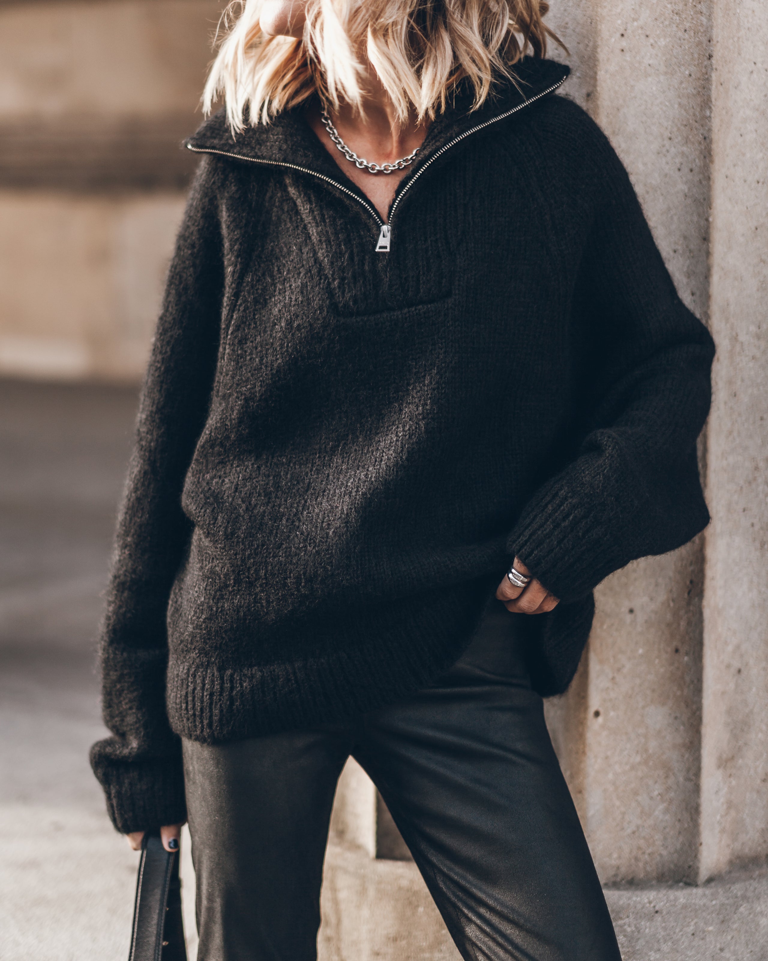 The Black Zipped Knit Sweater