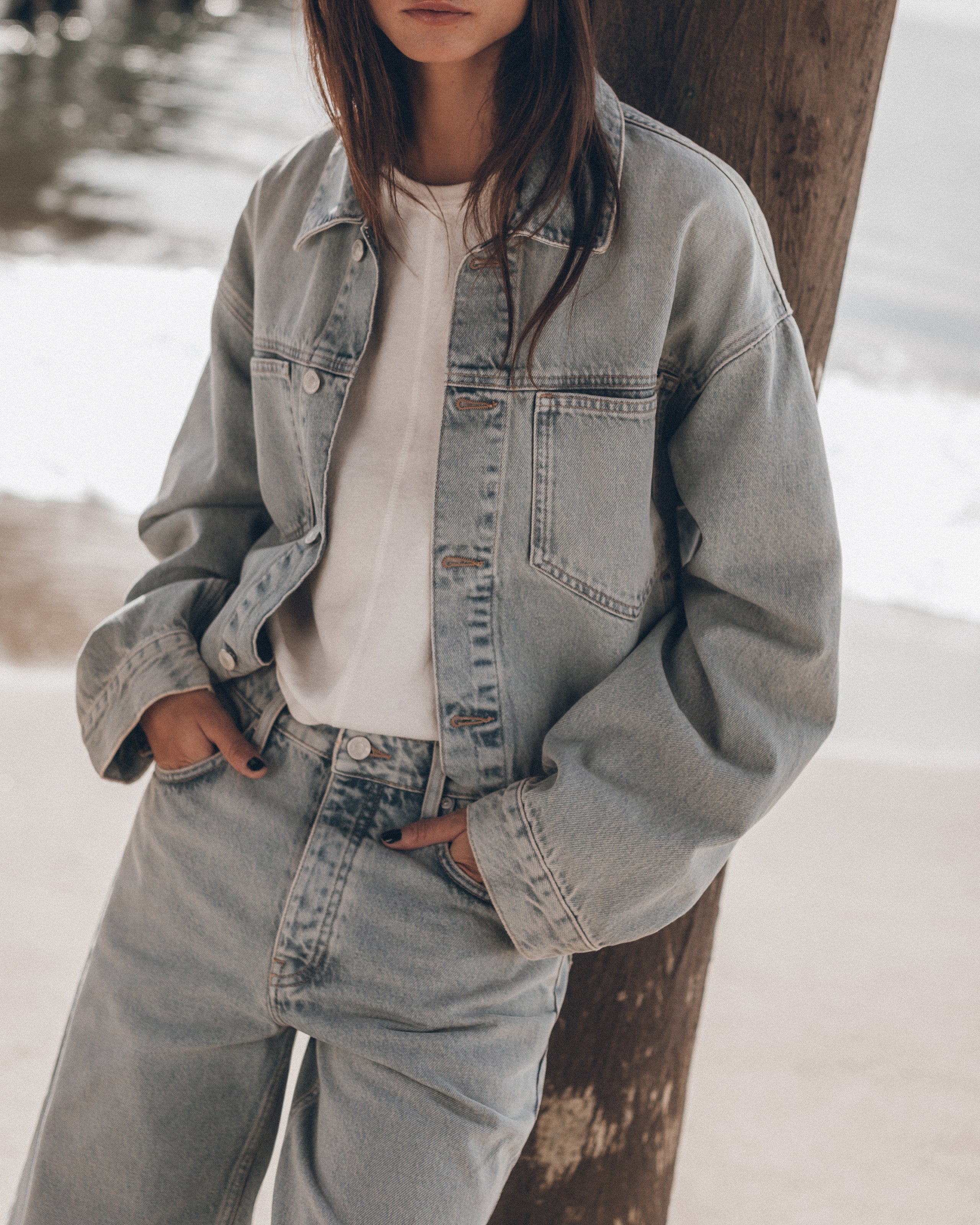 The Blue Loose Denim Jacket The Blue Loose Jeans The Light Loose Tank Top The Black Leather Buckl...