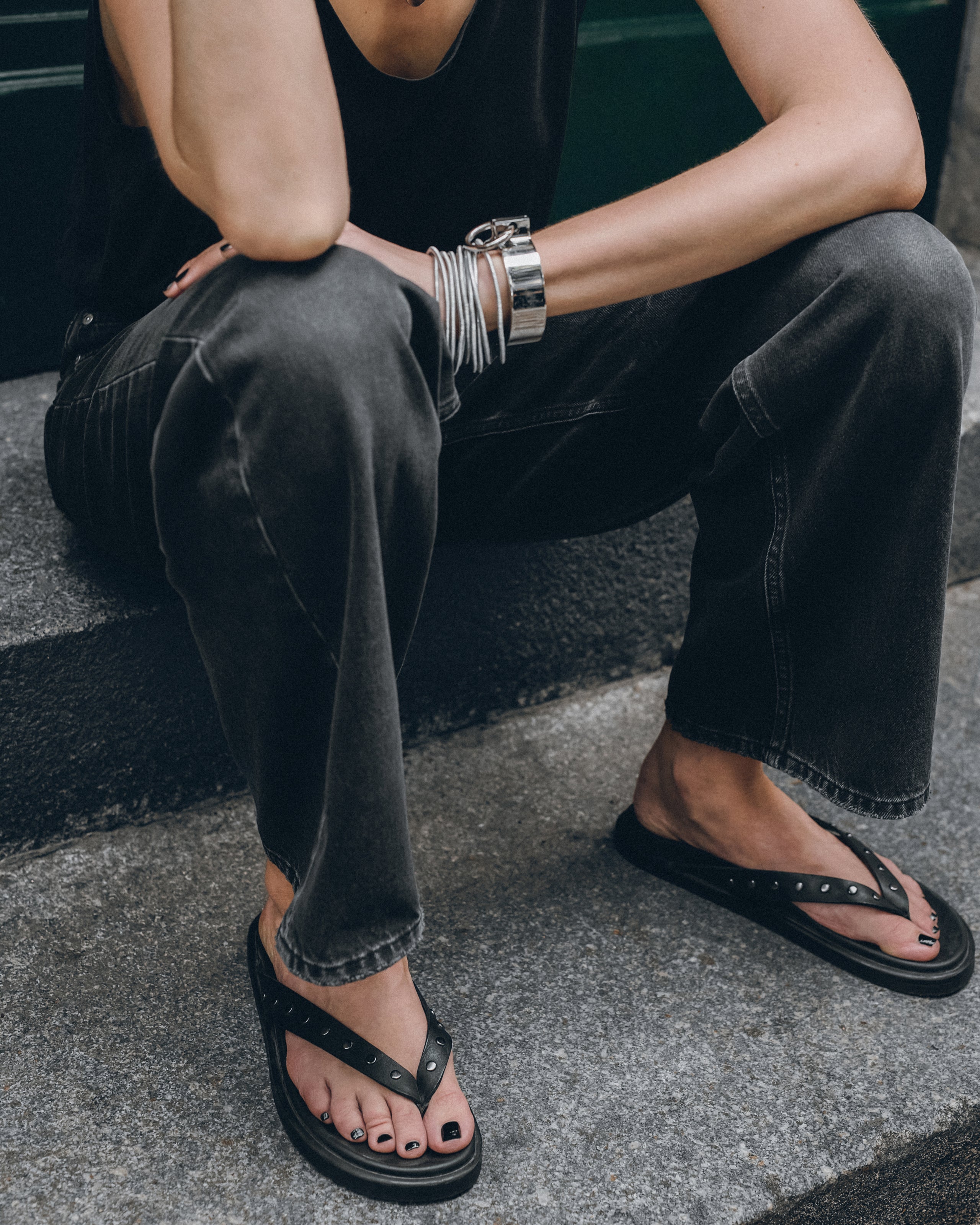 The Black Studded Leather Sandals