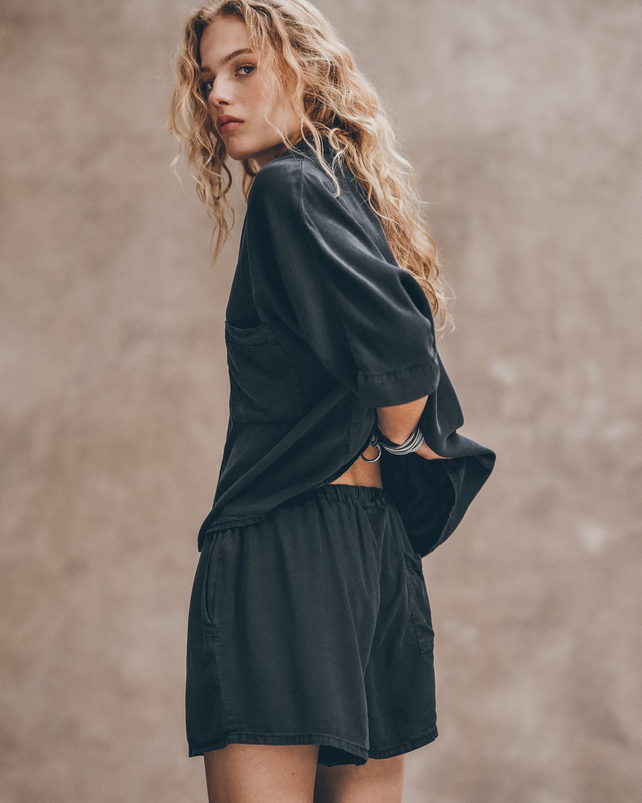 The Dark Co Ord Shirt The Dark Co Ord Shorts The Black Leather Buckle Sandals - Product photo