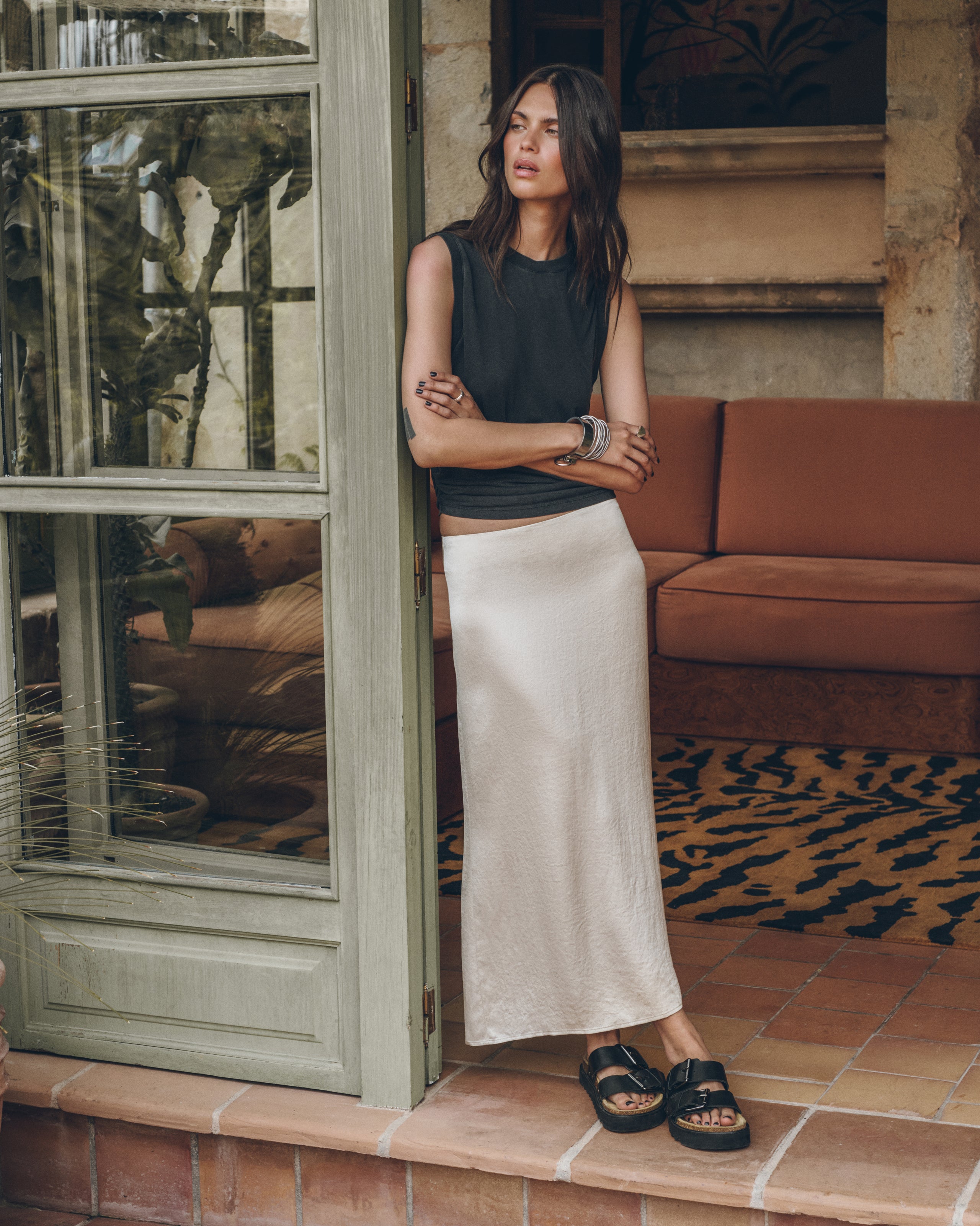 The Dark Draped Tank Top The Light Long Slip Skirt The Black Leather Buckle Sandals - Product photo