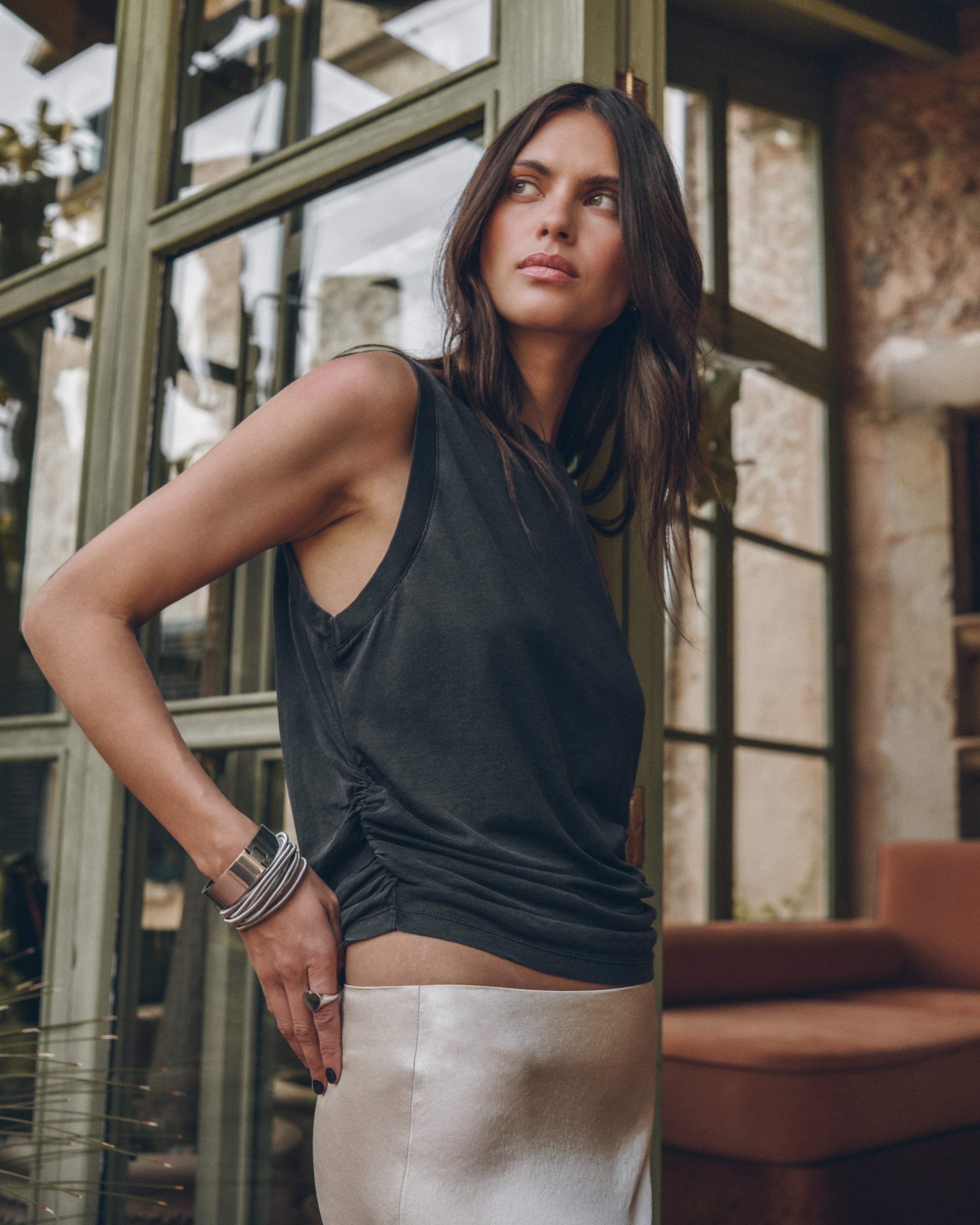 The Dark Draped Tank Top The Light Long Slip Skirt The Black Leather Buckle Sandals - Product photo