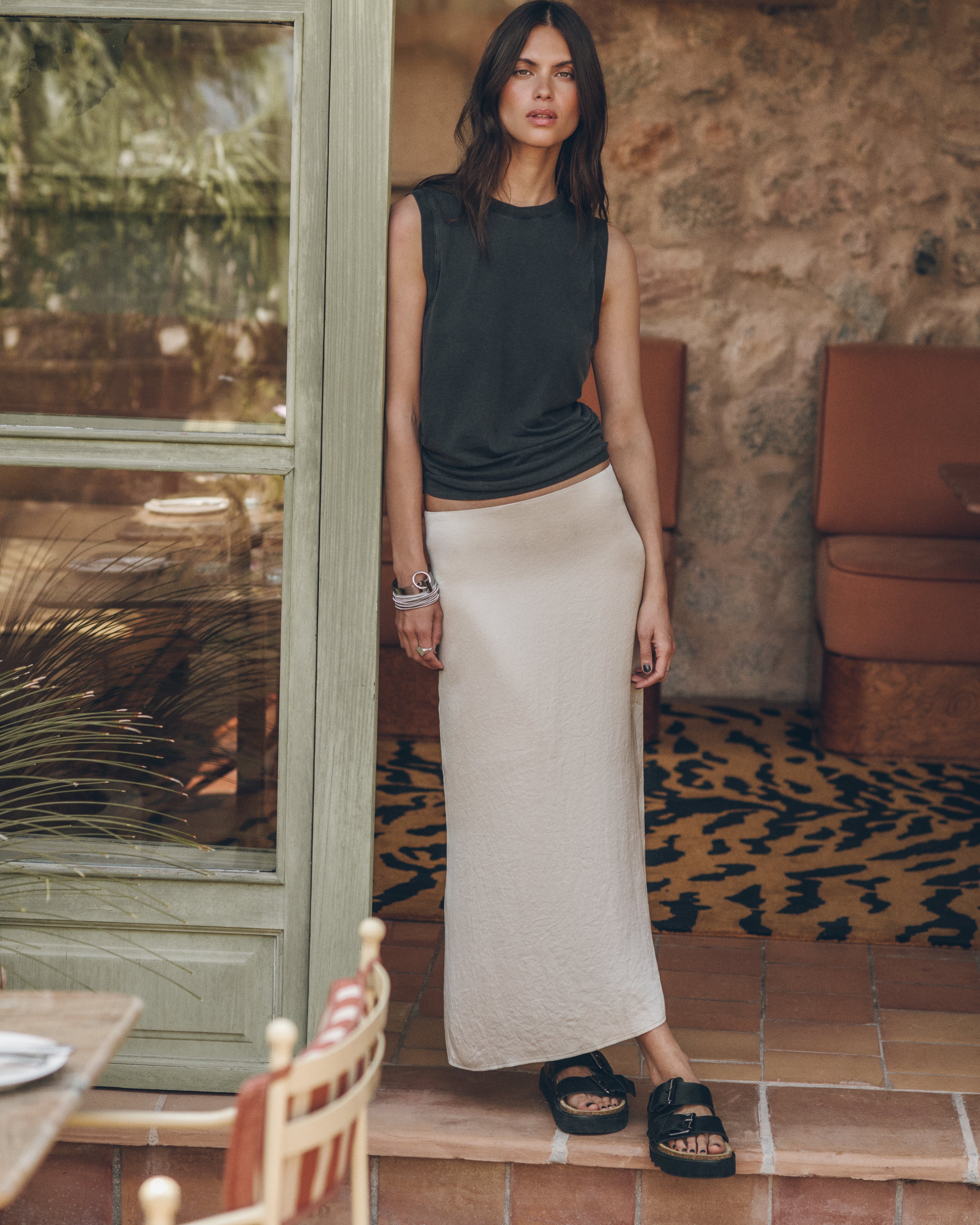 The Dark Draped Tank Top The Light Long Slip Skirt The Black Leather Buckle Sandals - Product photo