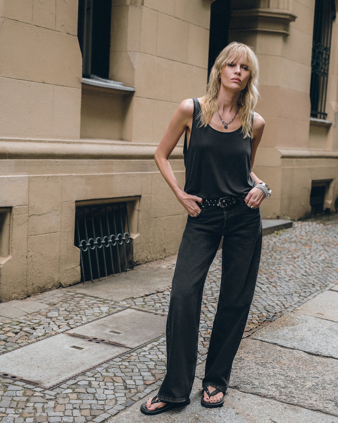 The Dark Faded Base Tank Top The Black Loose Jeans The Black Studded Leather Sandals The Studded ...