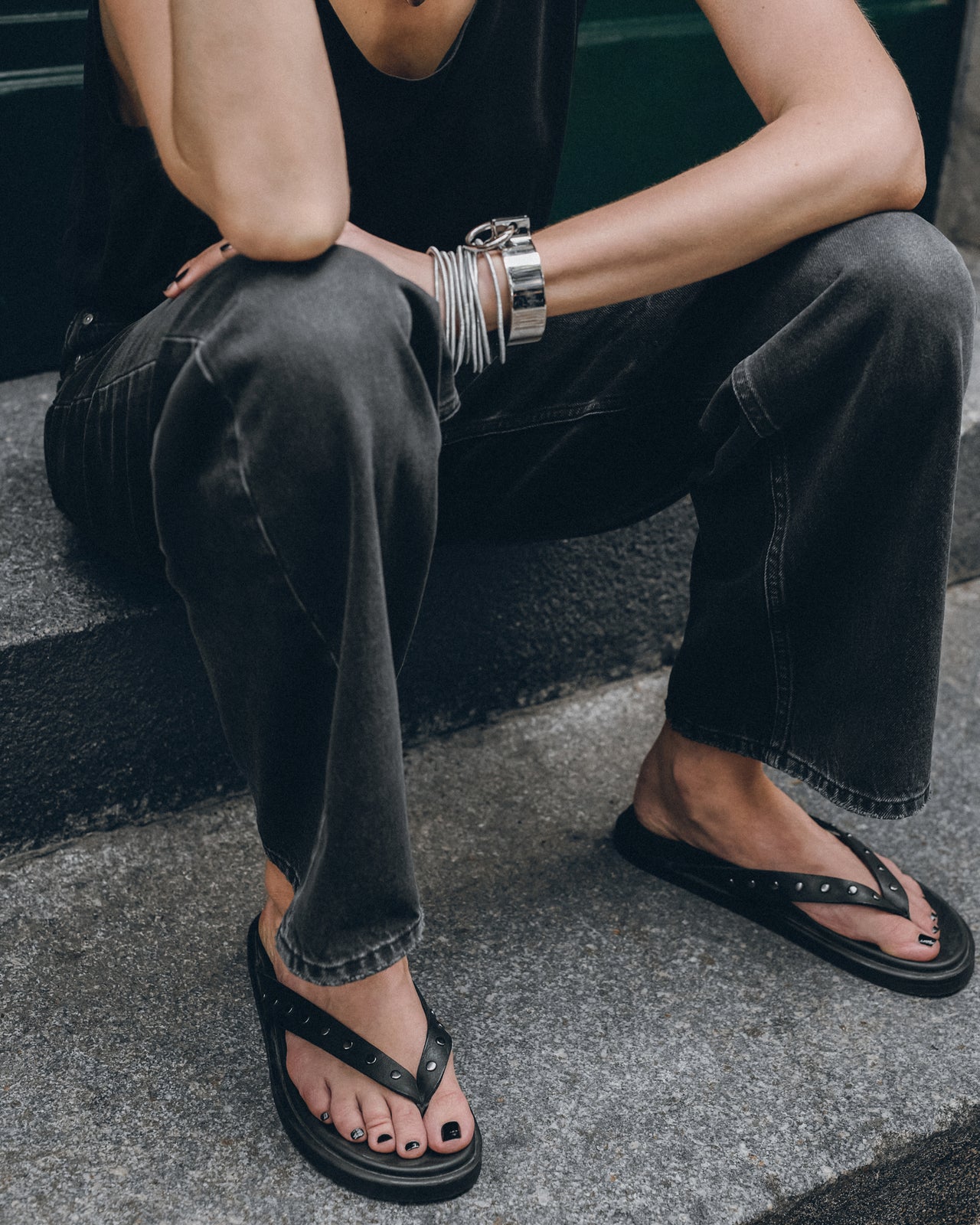 The Black Studded Leather Sandals