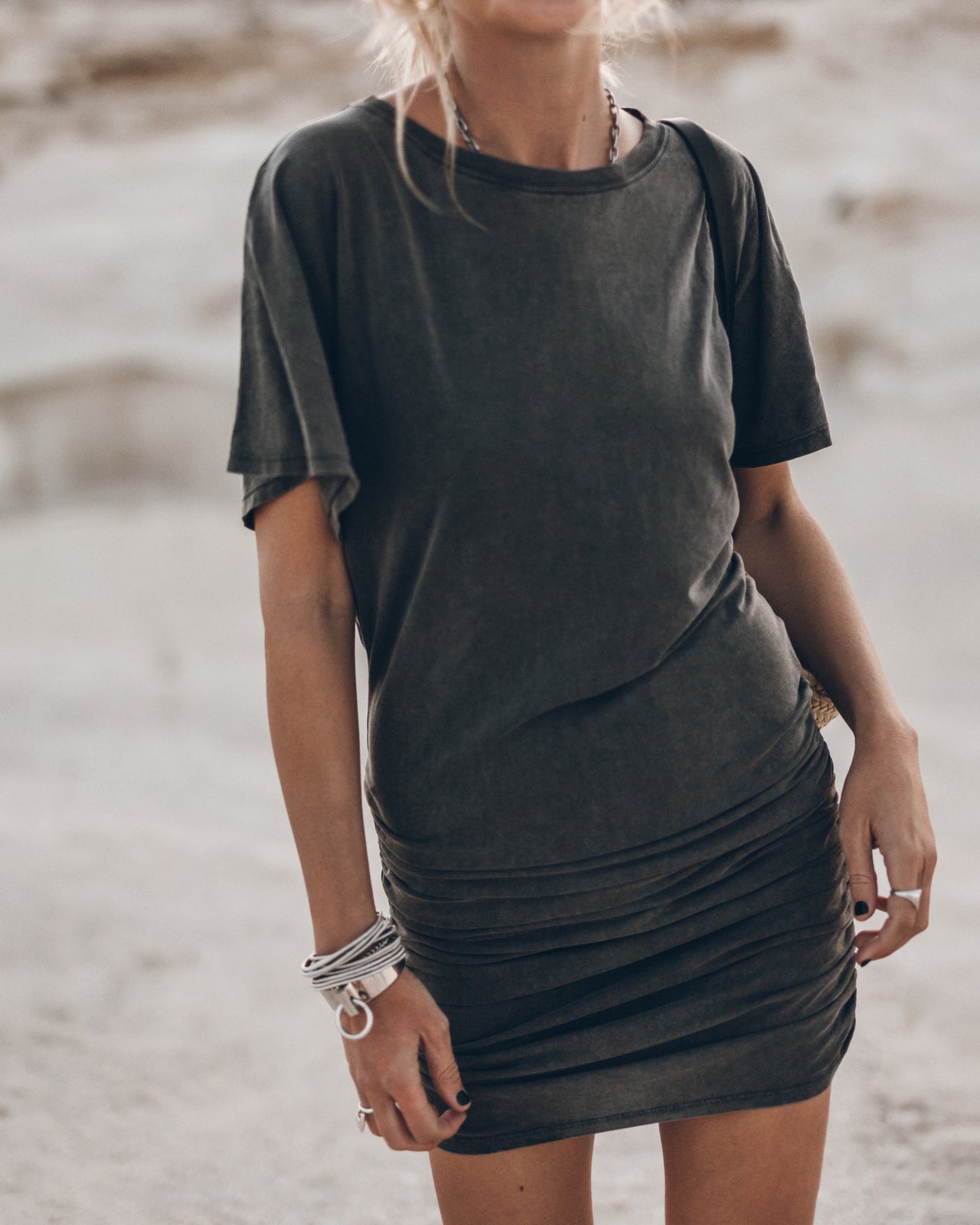 The Dark Faded Short Draped T-Shirt Dress