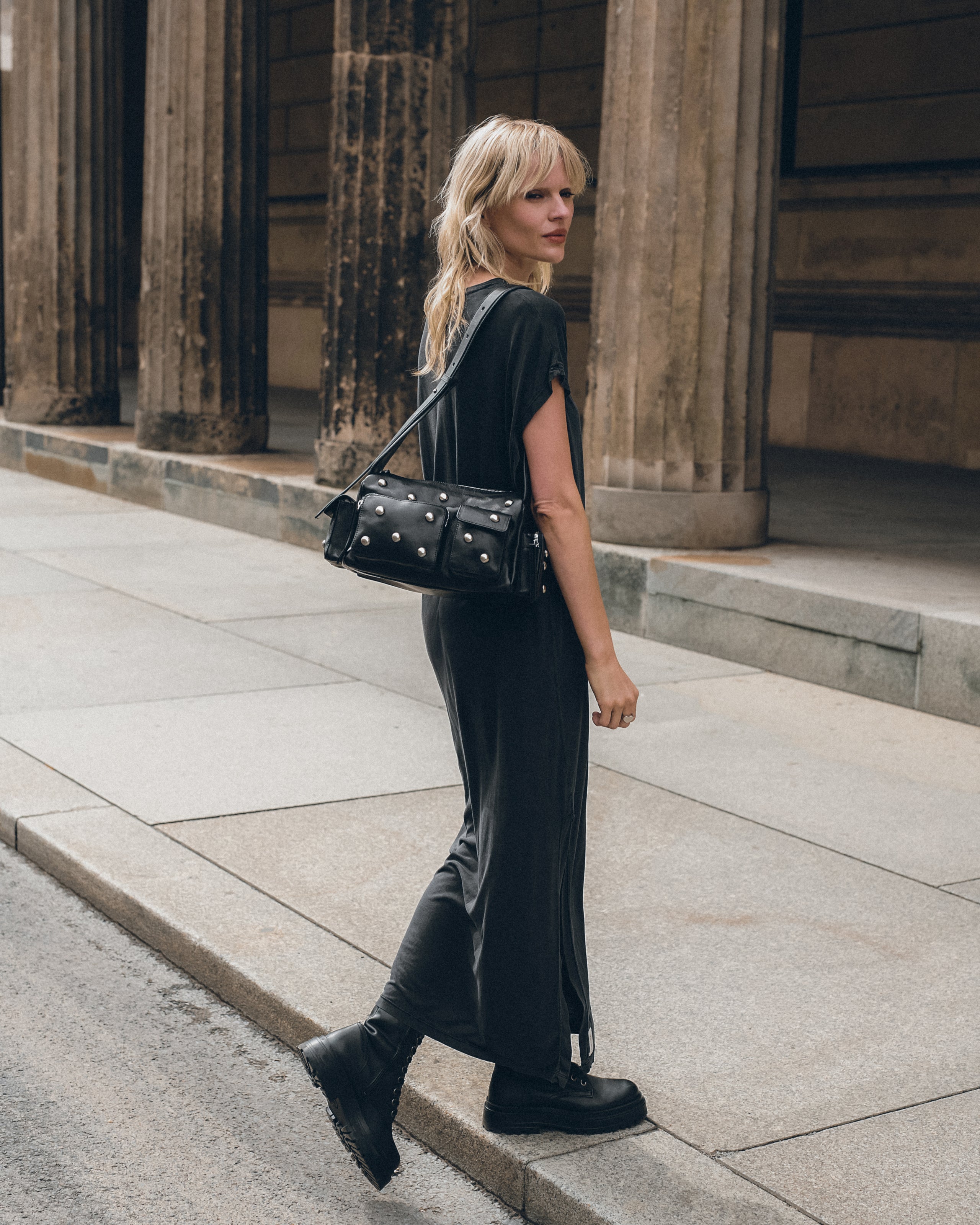 The Dark Long Batwing Dress The Black Denim Jacket The Minou Bag The Black Laced Leather Boots An...