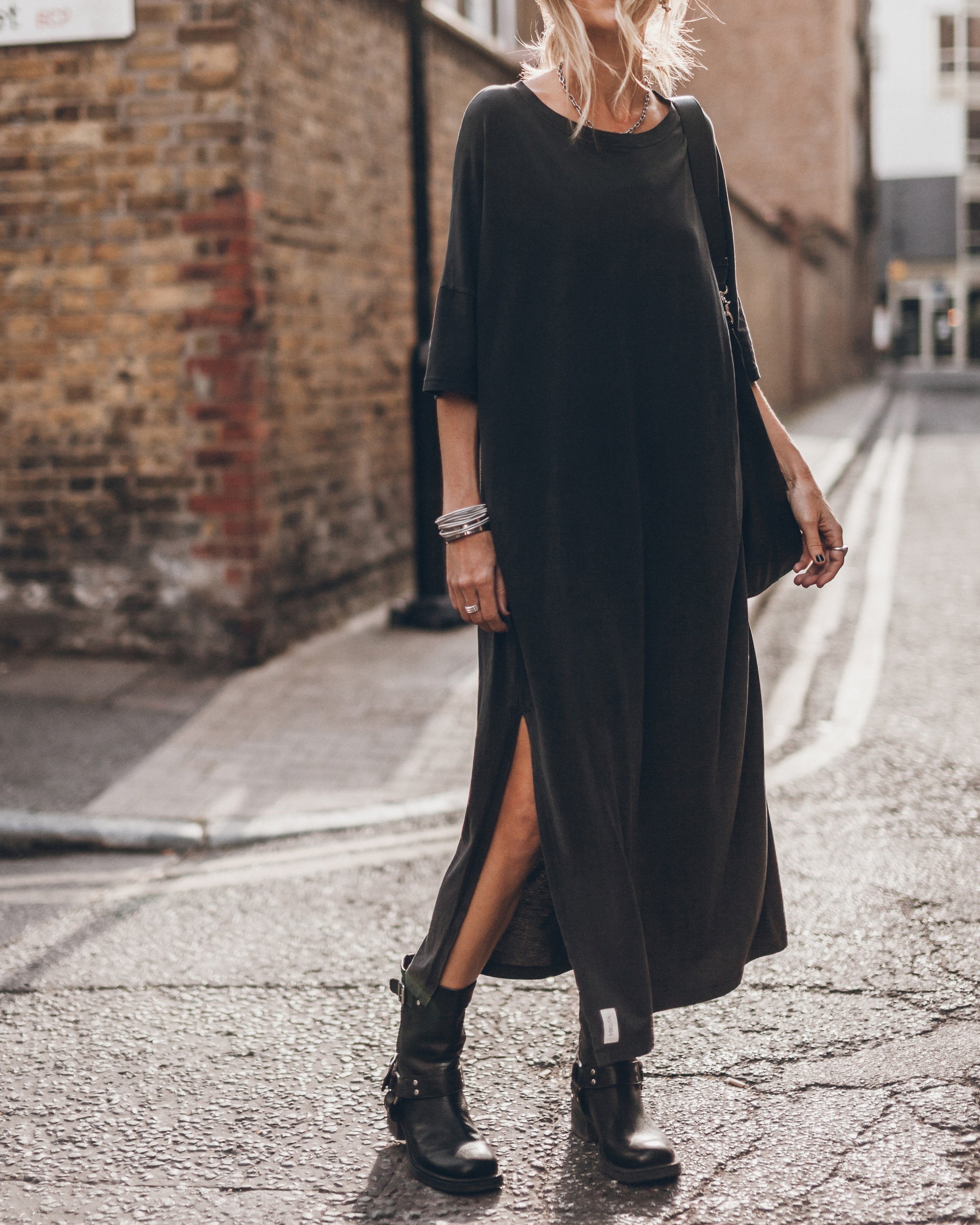 oversized t shirt dress long sleeve MIKUTA Off-Shoulder Crinkled Jacquard Box Front Neck Style_Boat day comfort and breathability Finish:Washed Pine