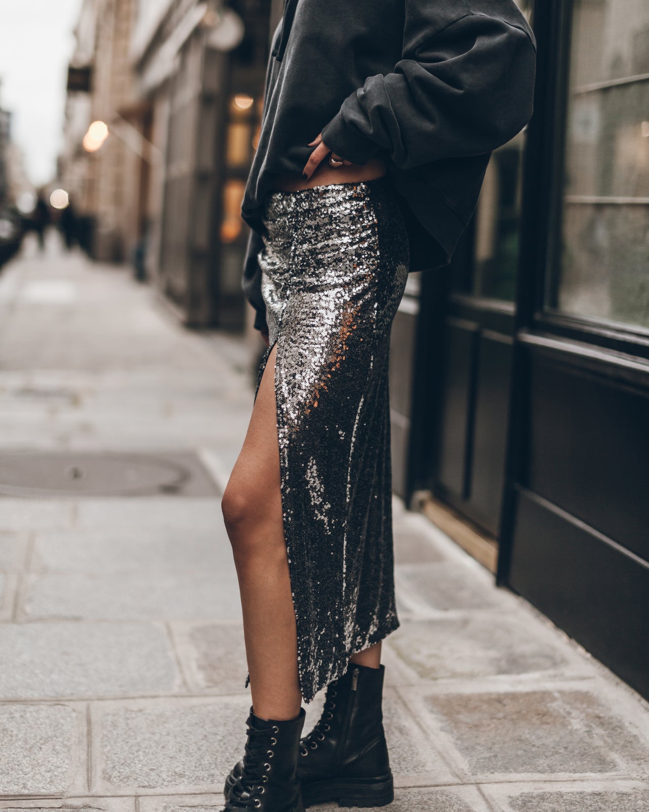 The Dark Long Slit Sequin Skirt