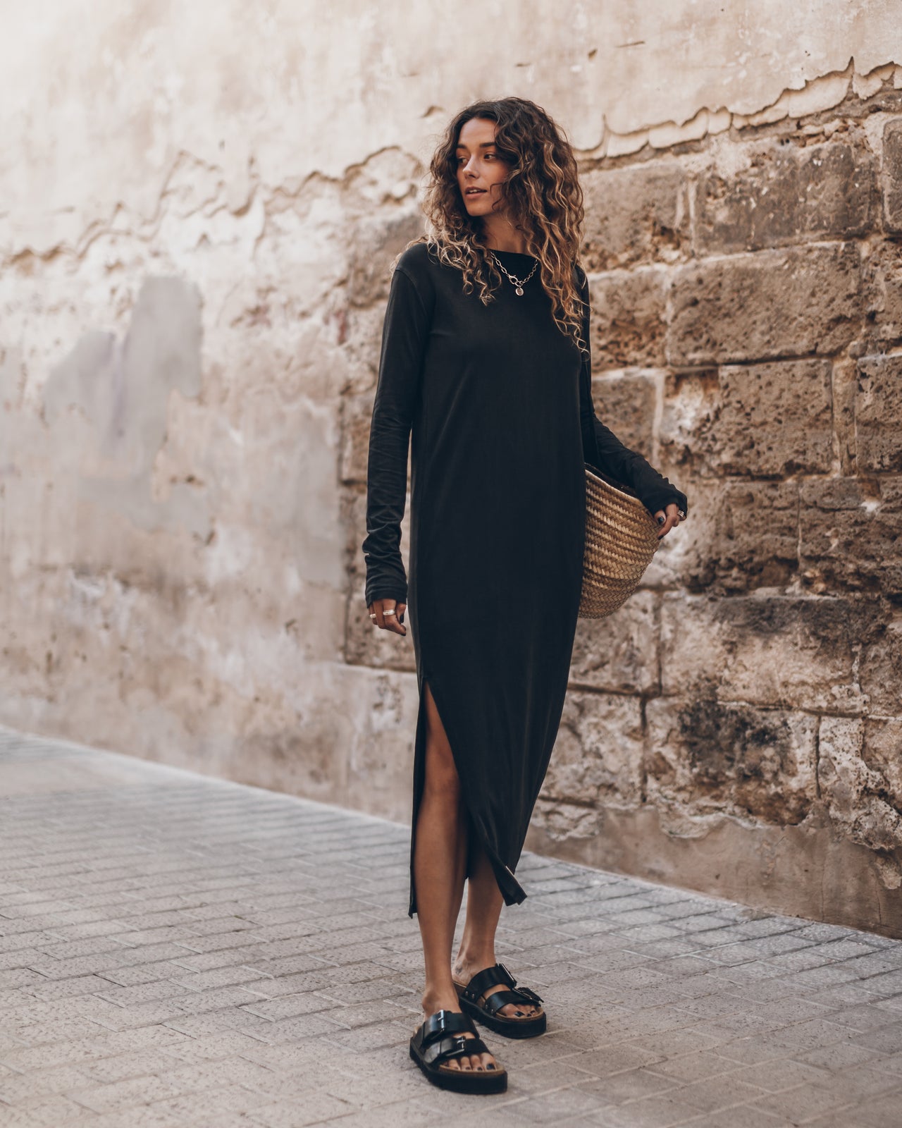 The Dark Longsleeve Dress The Black Leather Buckle Sandals The Large Raffia Basket Bag - Product ...