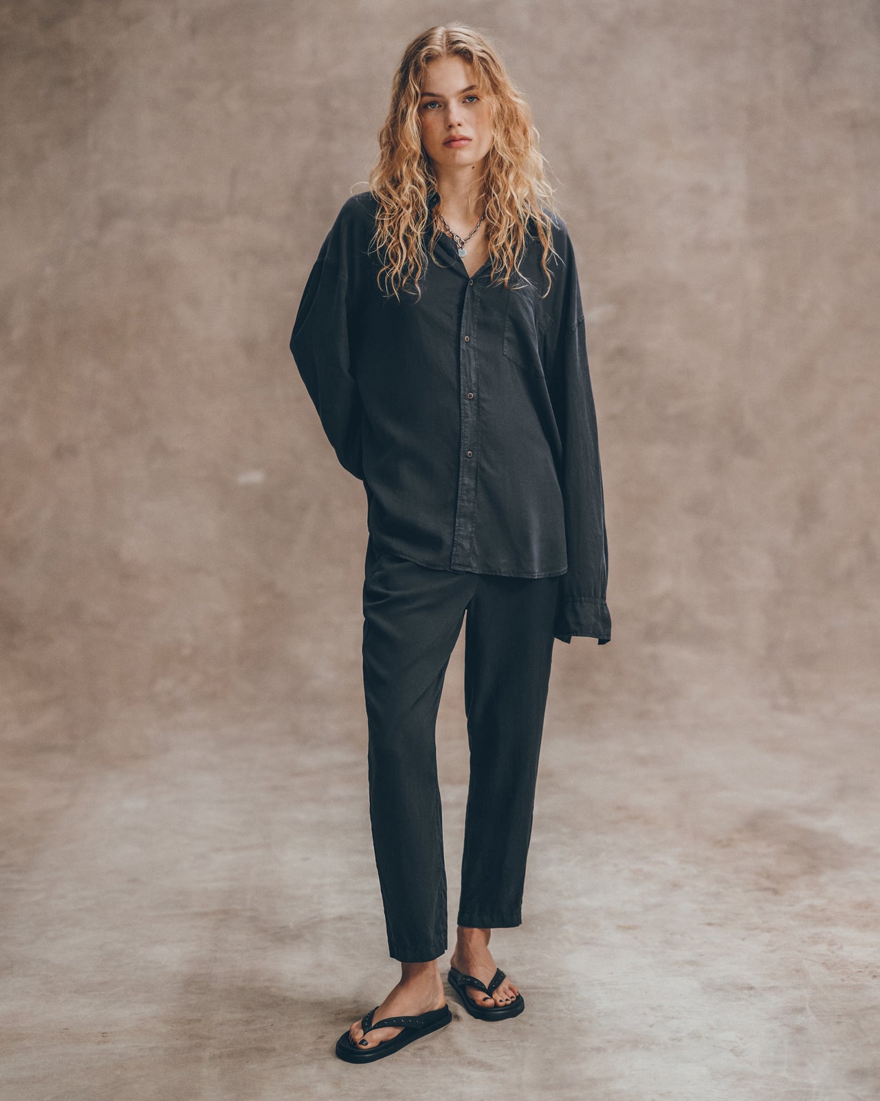 The Dark Loose Lyocell Shirt The Dark Chill Pants The Black Studded Leather Sandals - Product photo