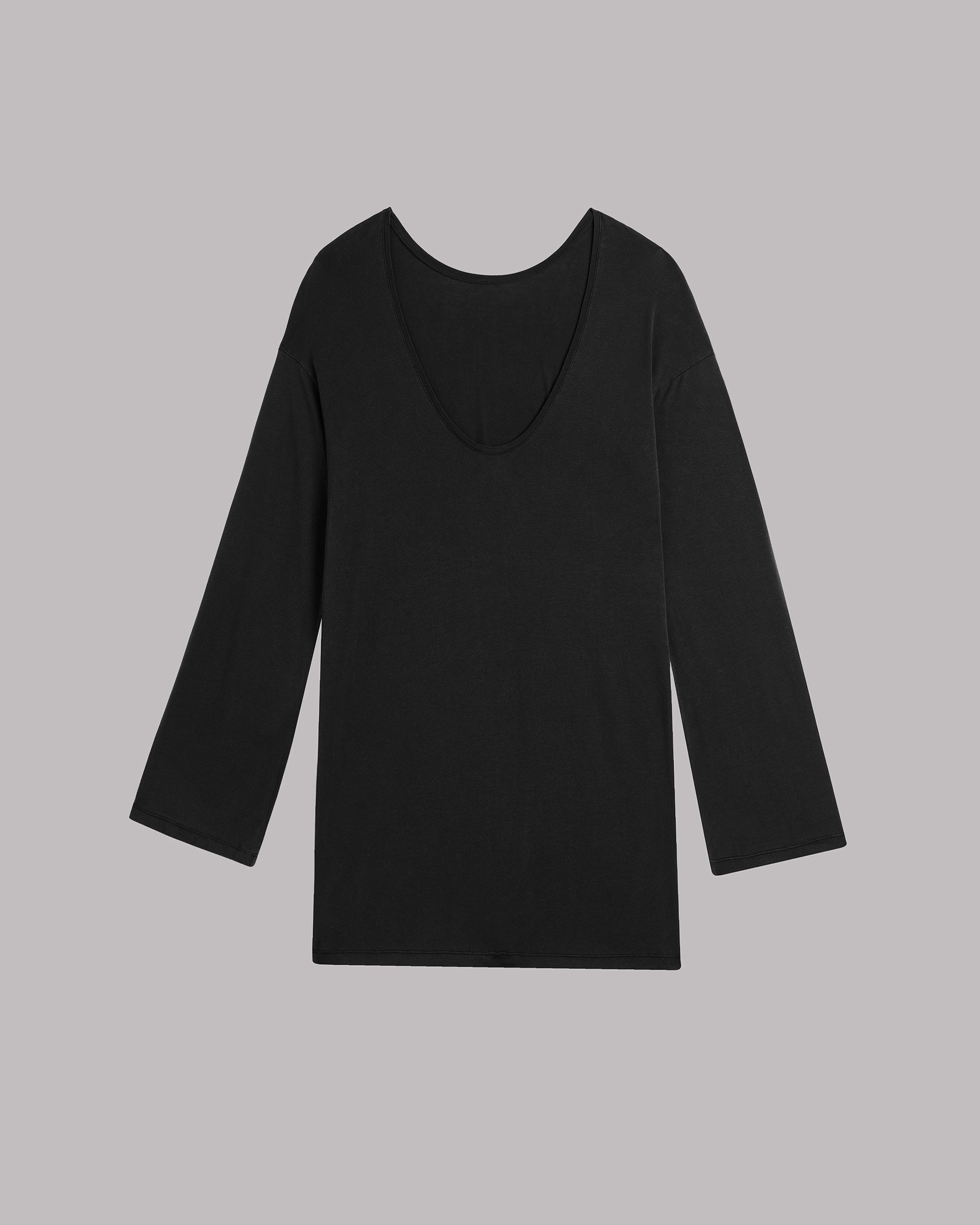 Black long-sleeve dress on a gray background