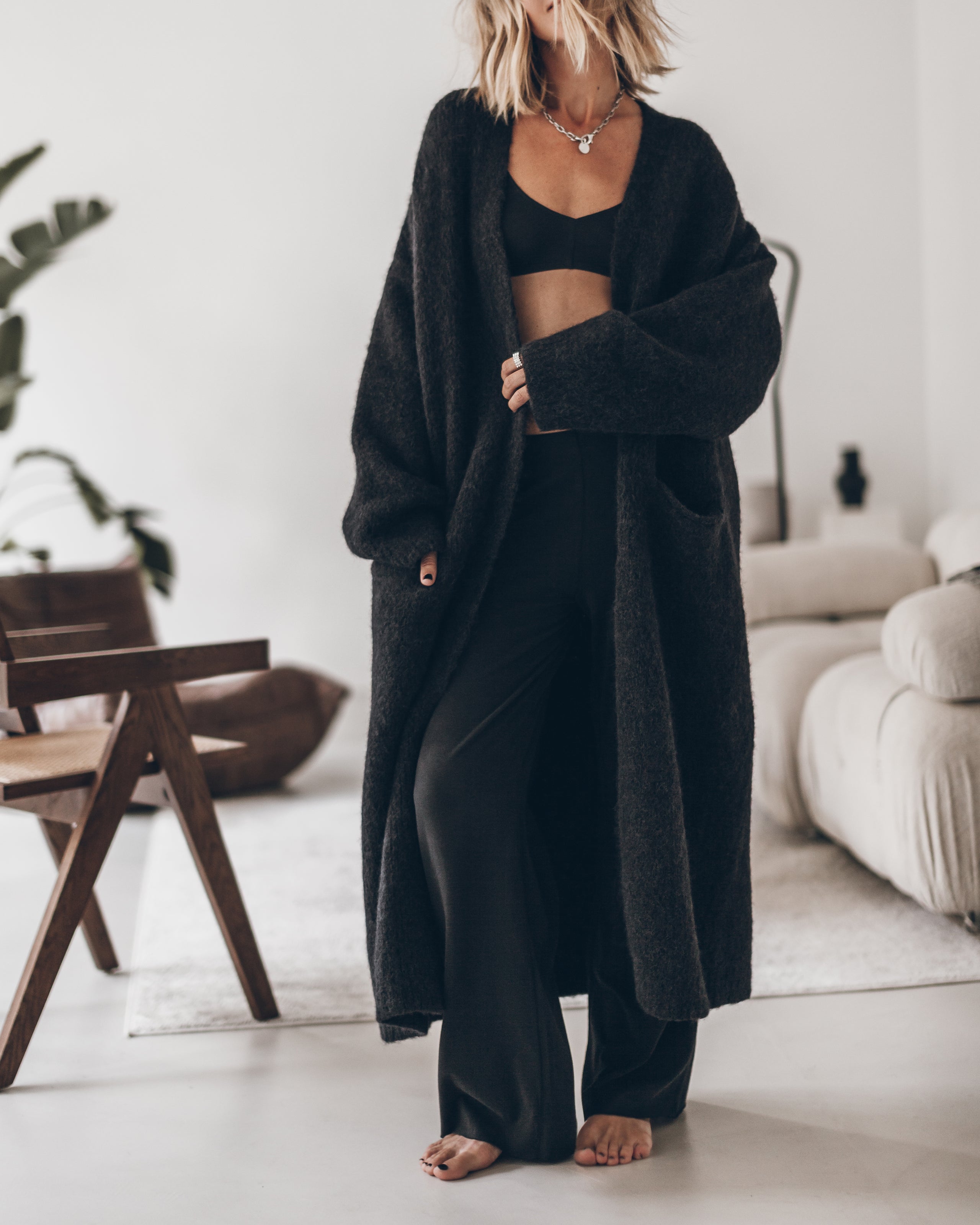 The Black Fluffy Alpaca Long Cardigan
