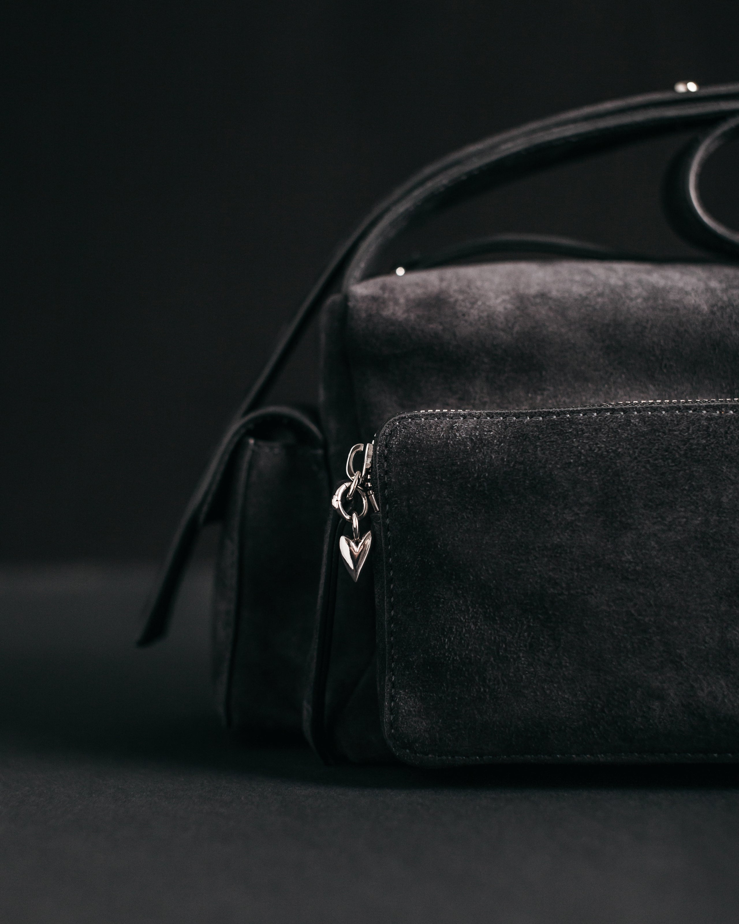 The Dark Suede Minou Bag The Heart Charm Product Shot - Product photo