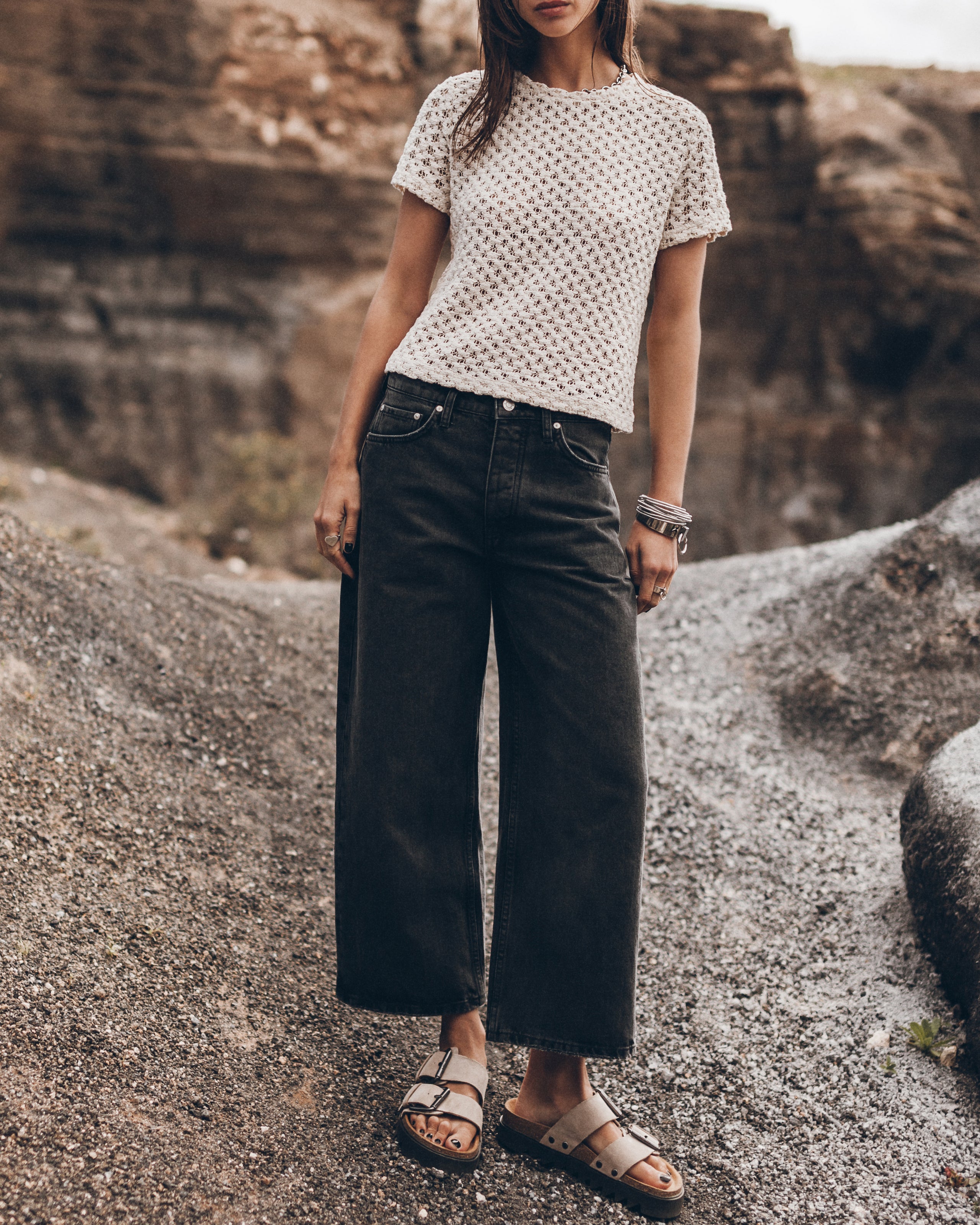 The Ecru Crochet Shirt The Black Cropped Baggy Jeans The Beige Suede Buckle Sandals Desert Califo...