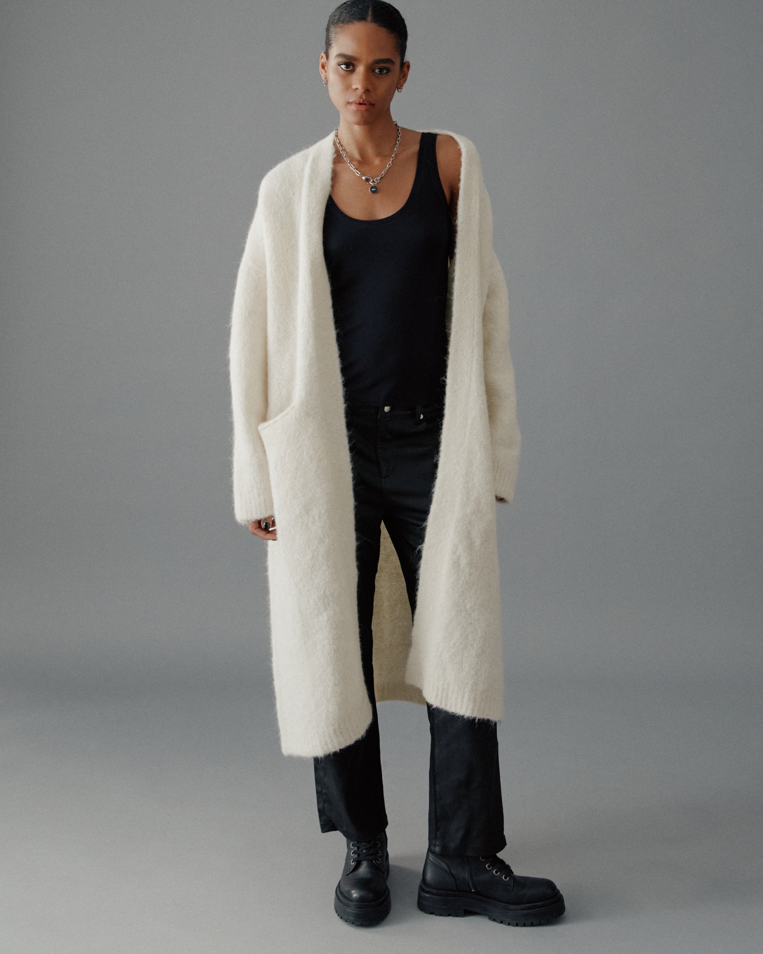 The Ecru Fluffy Alpaca Long Cardigan