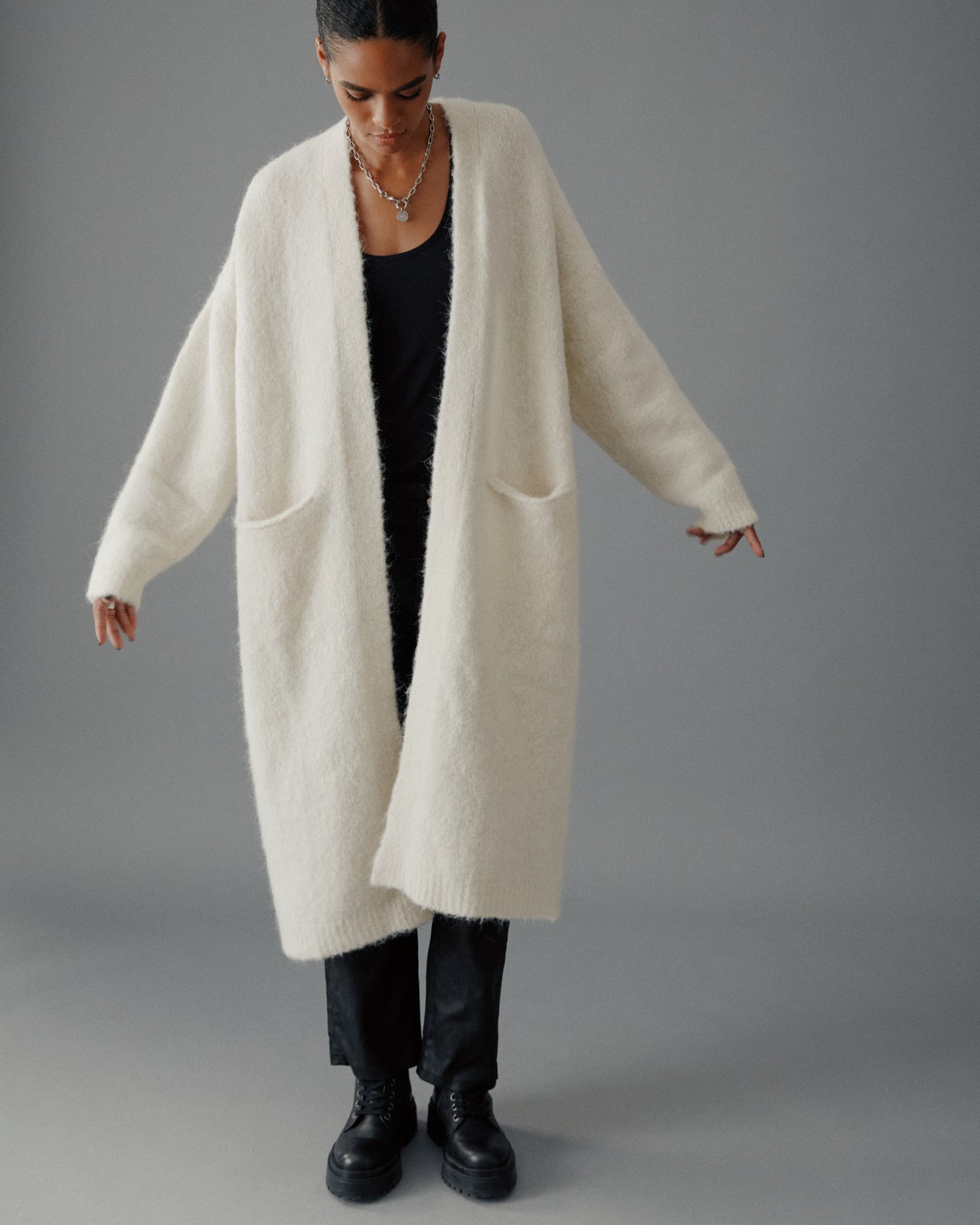 The Ecru Fluffy Alpaca Long Cardigan