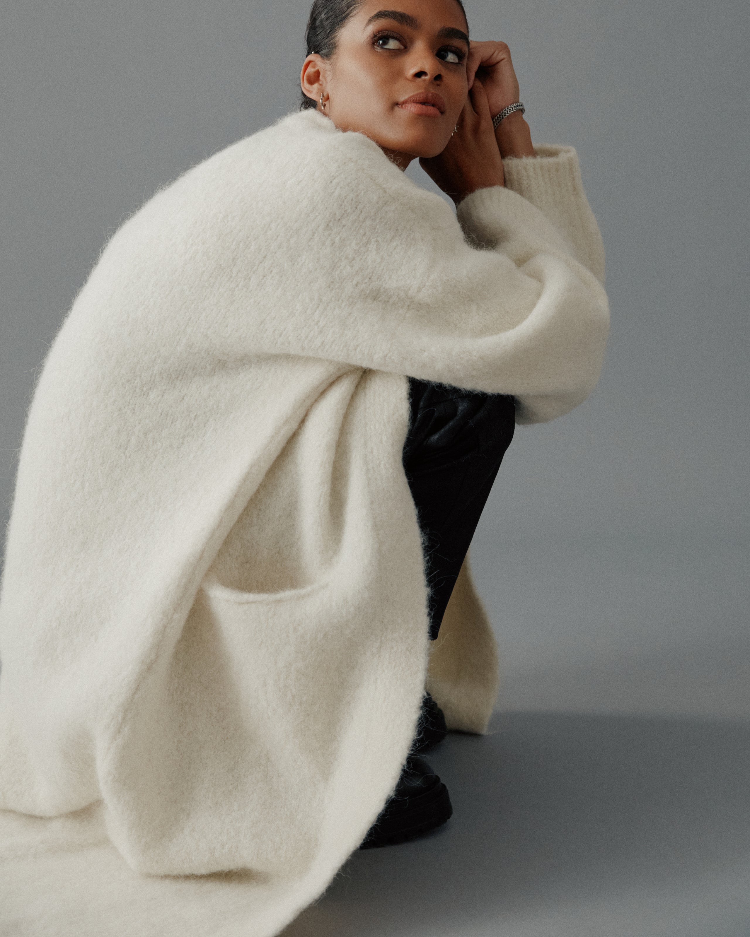 The Ecru Fluffy Alpaca Long Cardigan