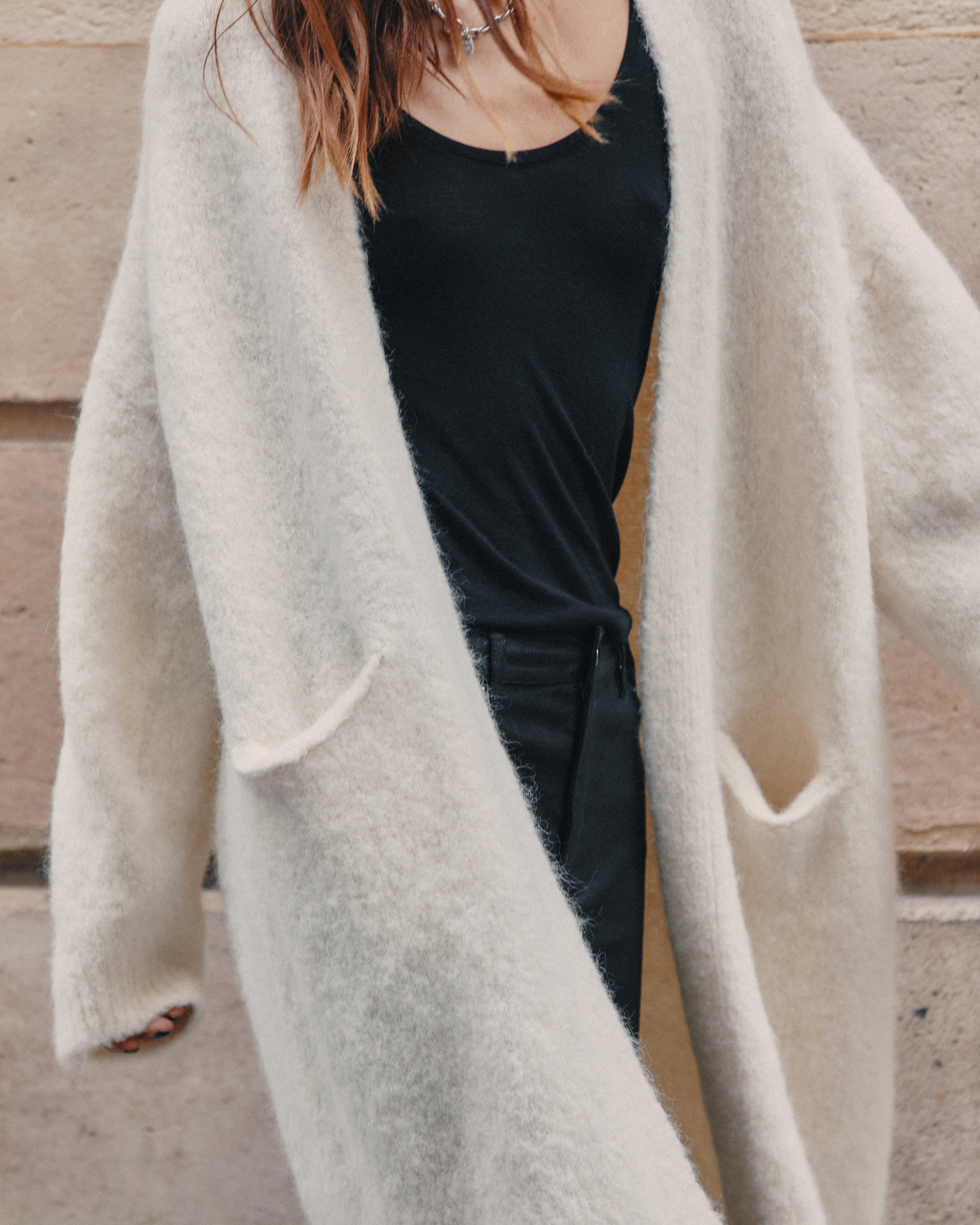 The Ecru Fluffy Alpaca Long Cardigan