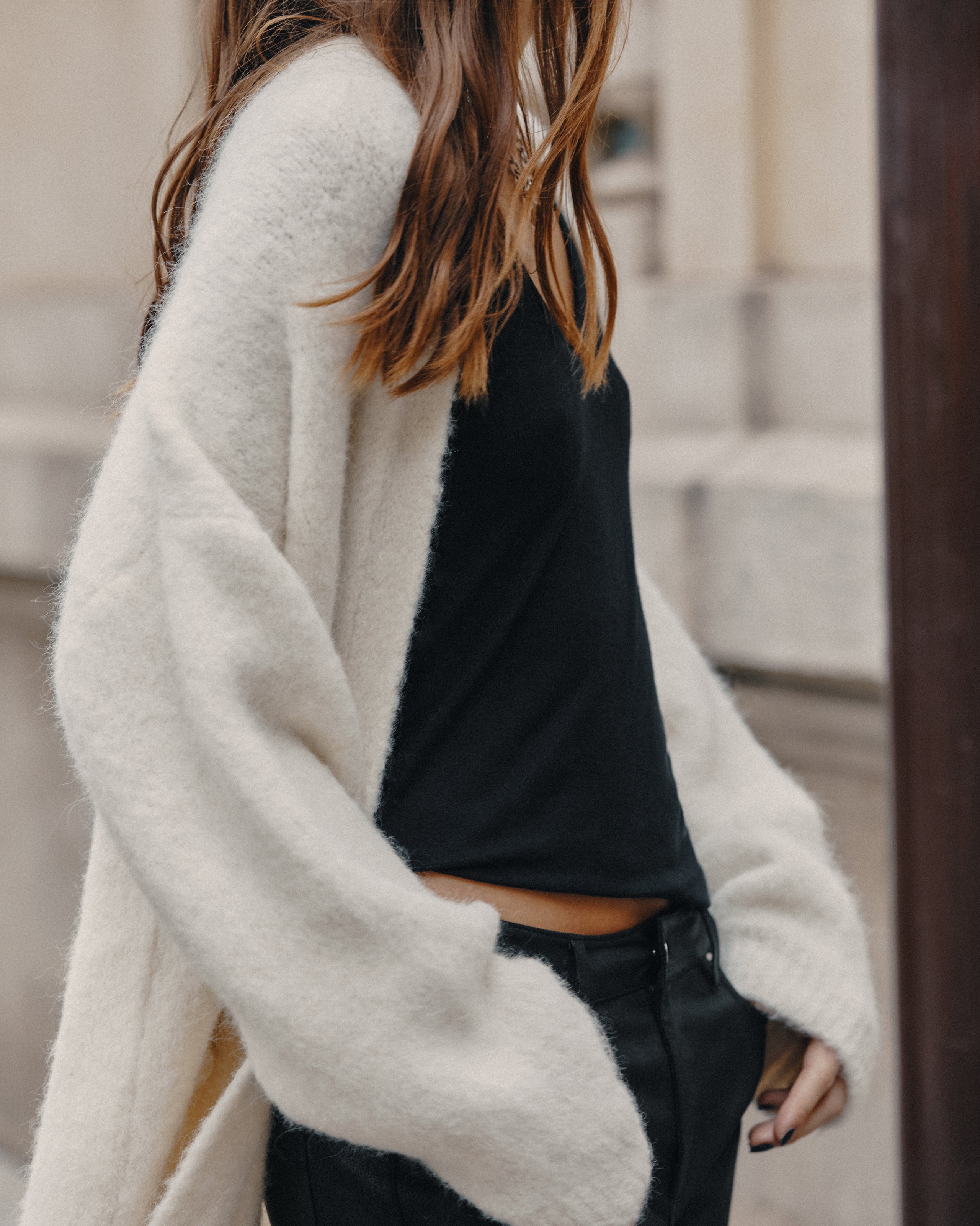 The Ecru Fluffy Alpaca Long Cardigan