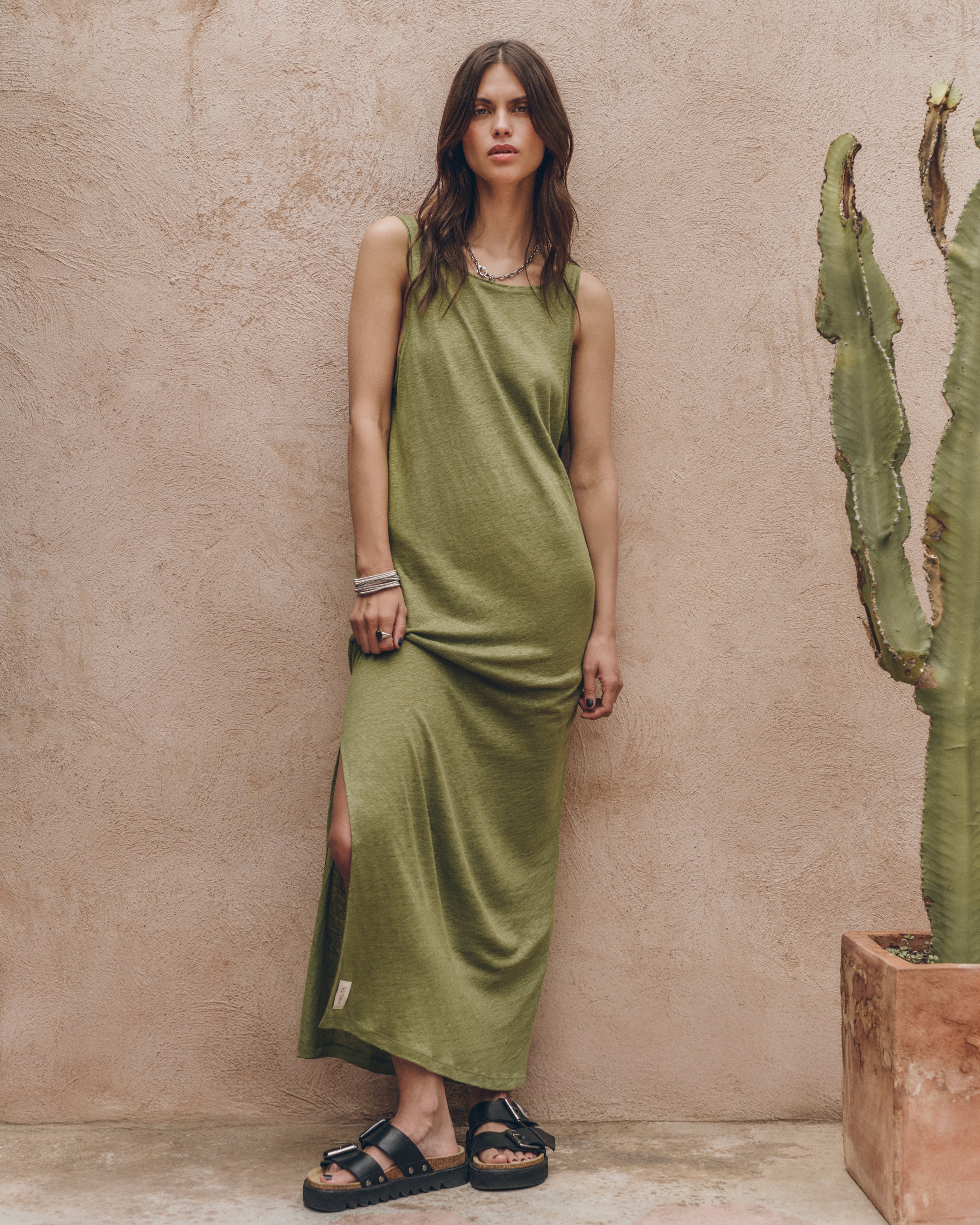 The Green Low Back Linen Tank Dress