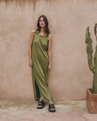 The Green Low Back Linen Tank Dress