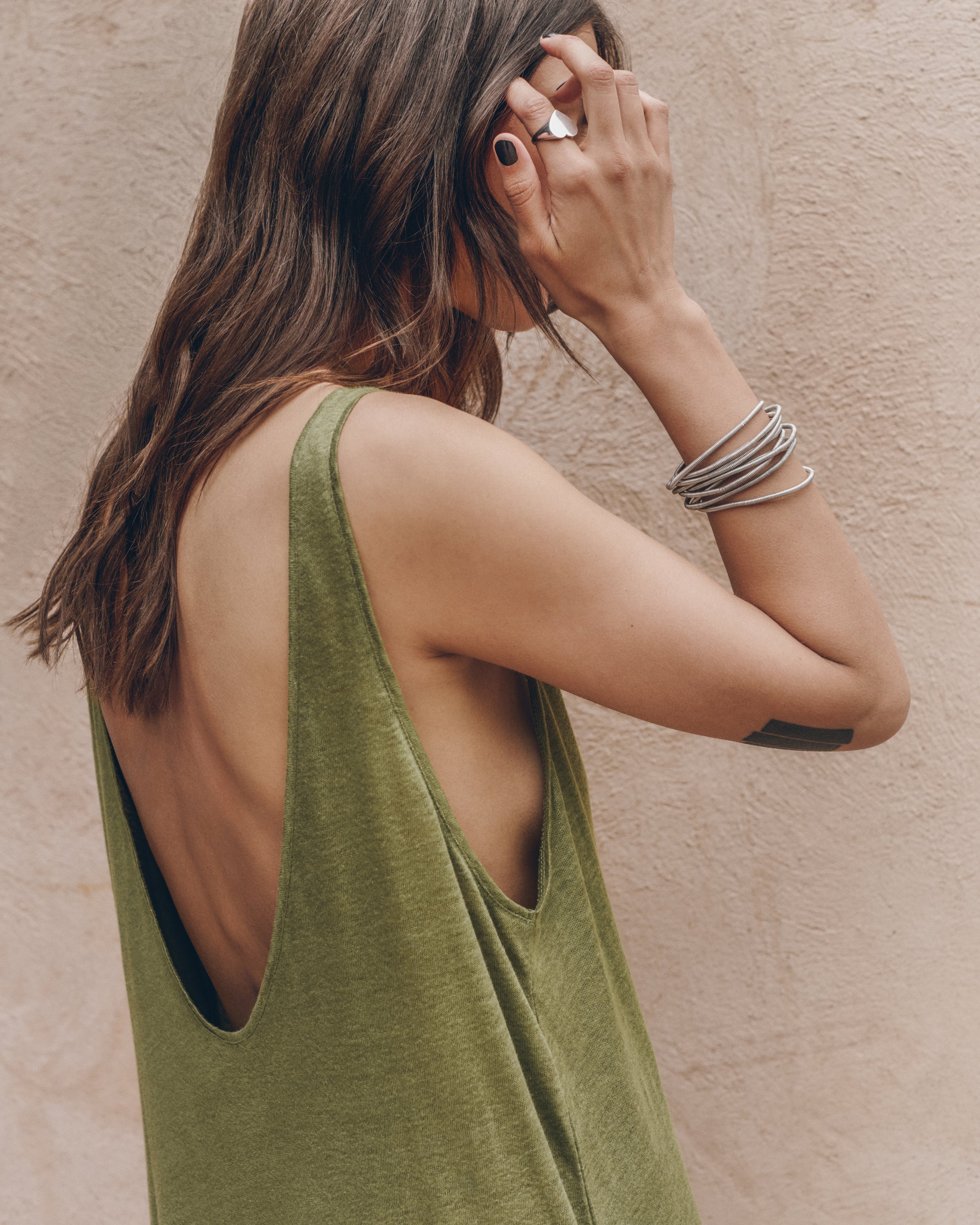 The Green Low Back Linen Tank Dress