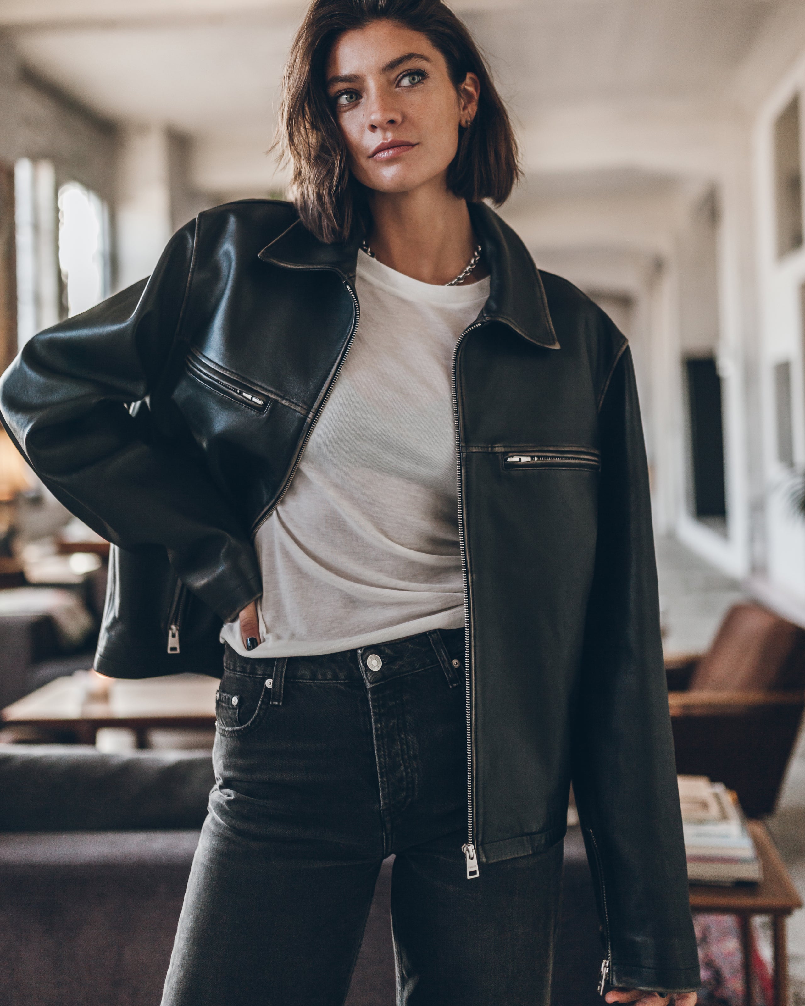 The Light Thin Sheer Longsleeve The Black Faded Straight Leather Jacket The Black Loose Jeans Stu...