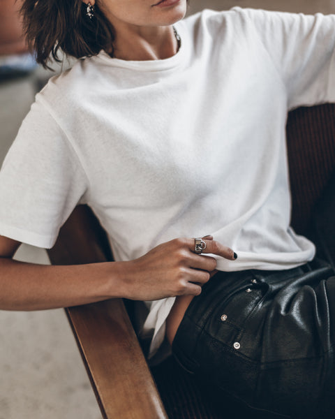 The Off White Dry Cotton Vintage Shirt The Cuff Ring The Thorn Hoops The Straight Leather Pants S...