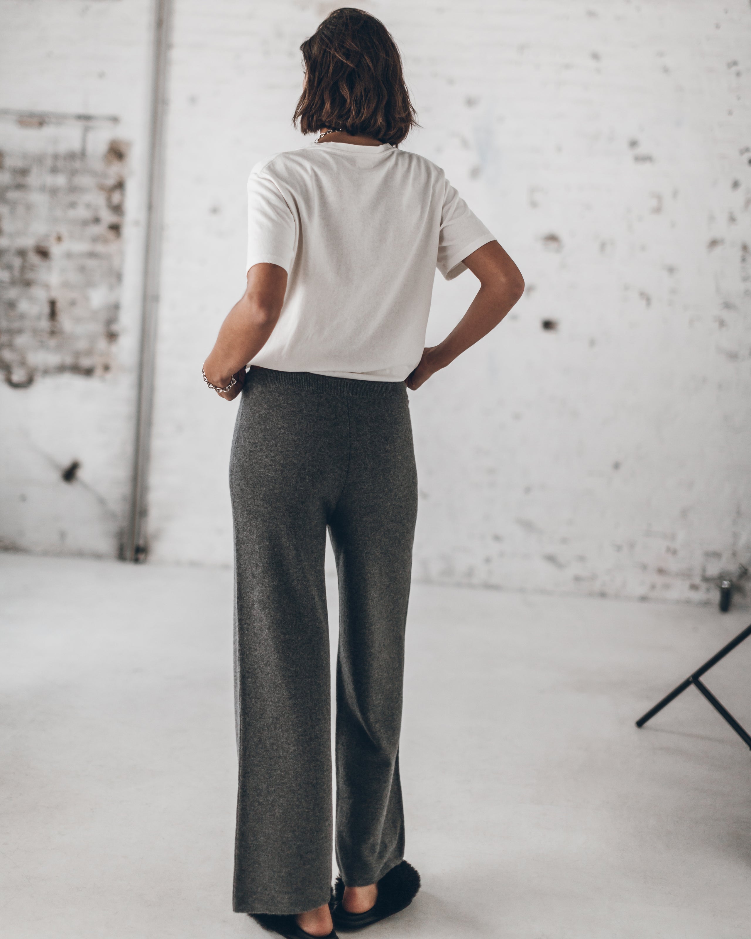 The Off White Dry Cotton Vintage Shirt The Grey Cashmere Knitted Pants The Black Mippers Studio M...