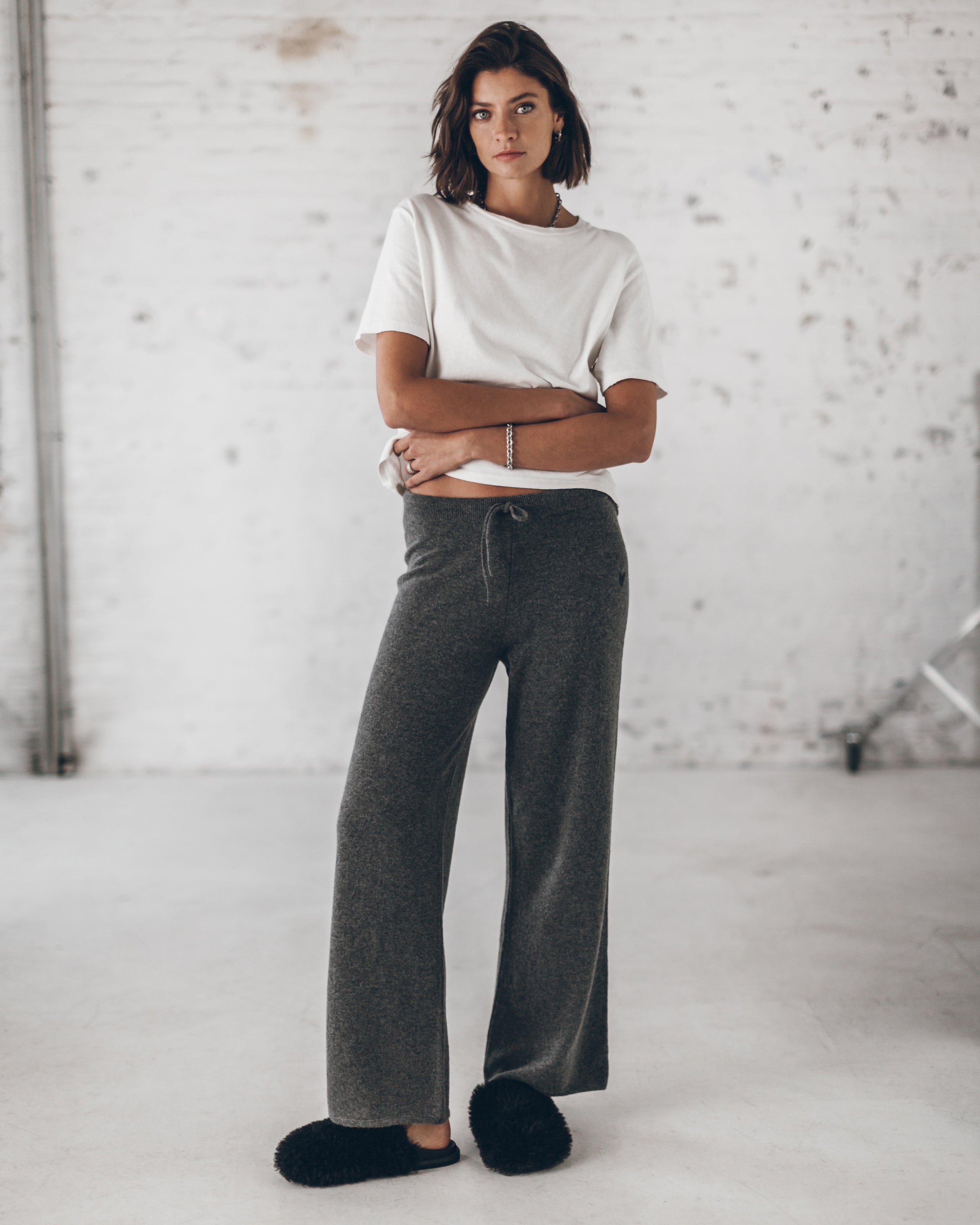 The Off White Dry Cotton Vintage Shirt The Grey Cashmere Knitted Pants The Black Mippers Studio M...