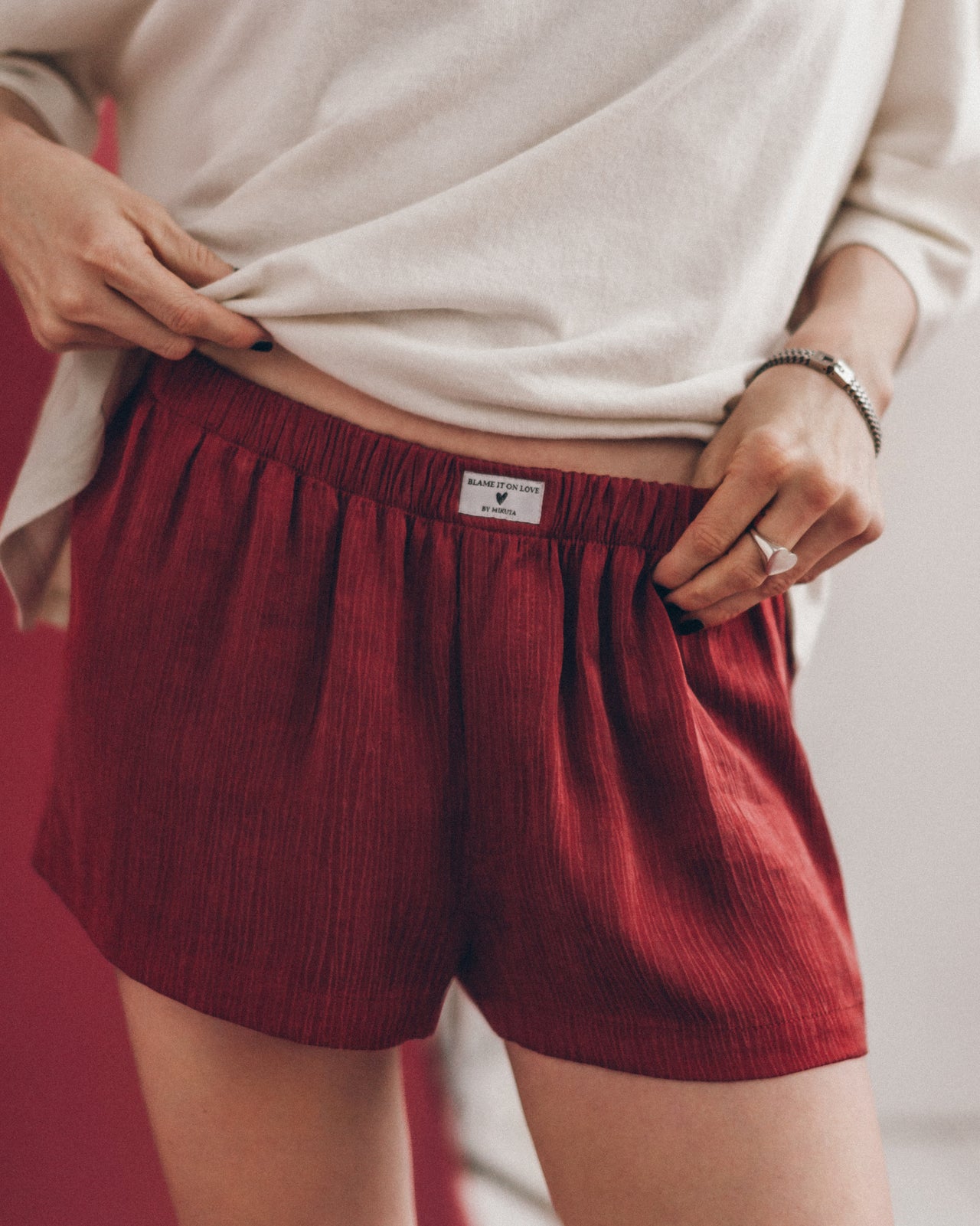 The Red Crinkle Boxer Shorts The Off White Dry Cotton Vintage Shirt The Heart Ring The Chain Stud...