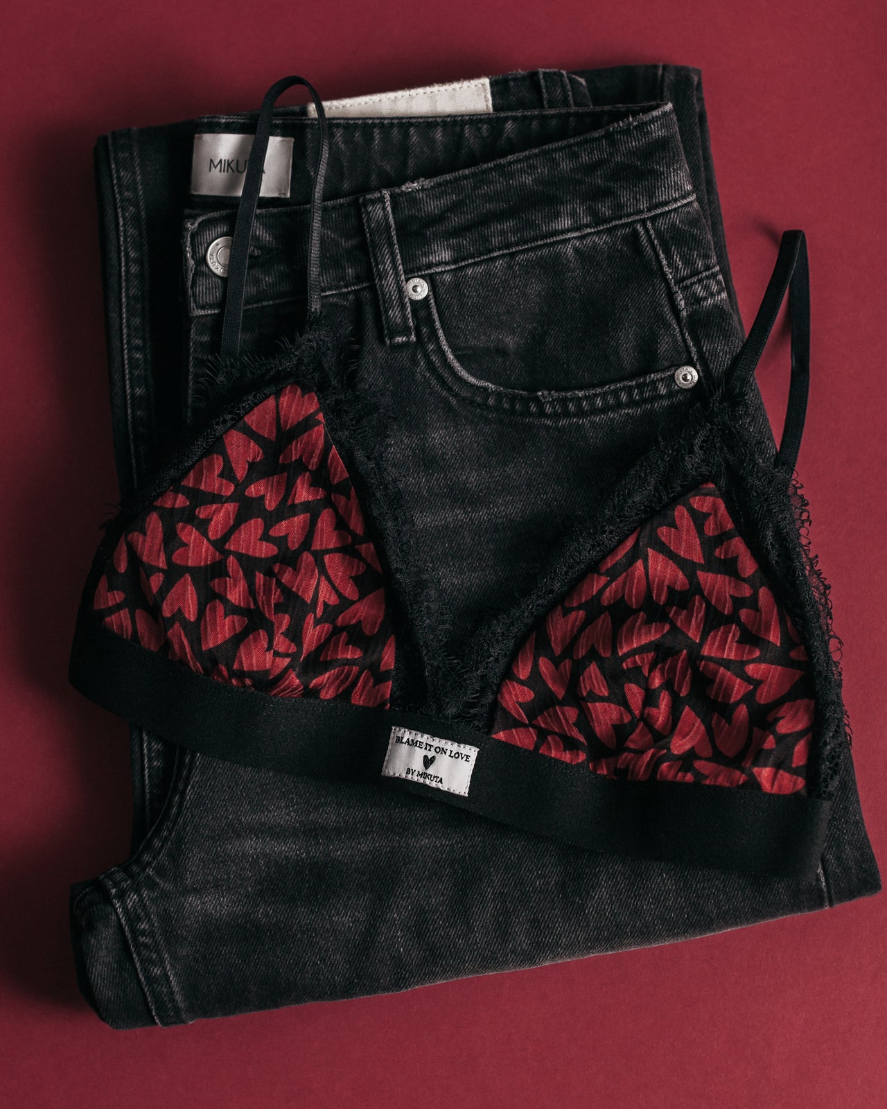 The Red Hearts Crinkle Bralette The Black Cropped Straight Jeans Product Shot - Product photo