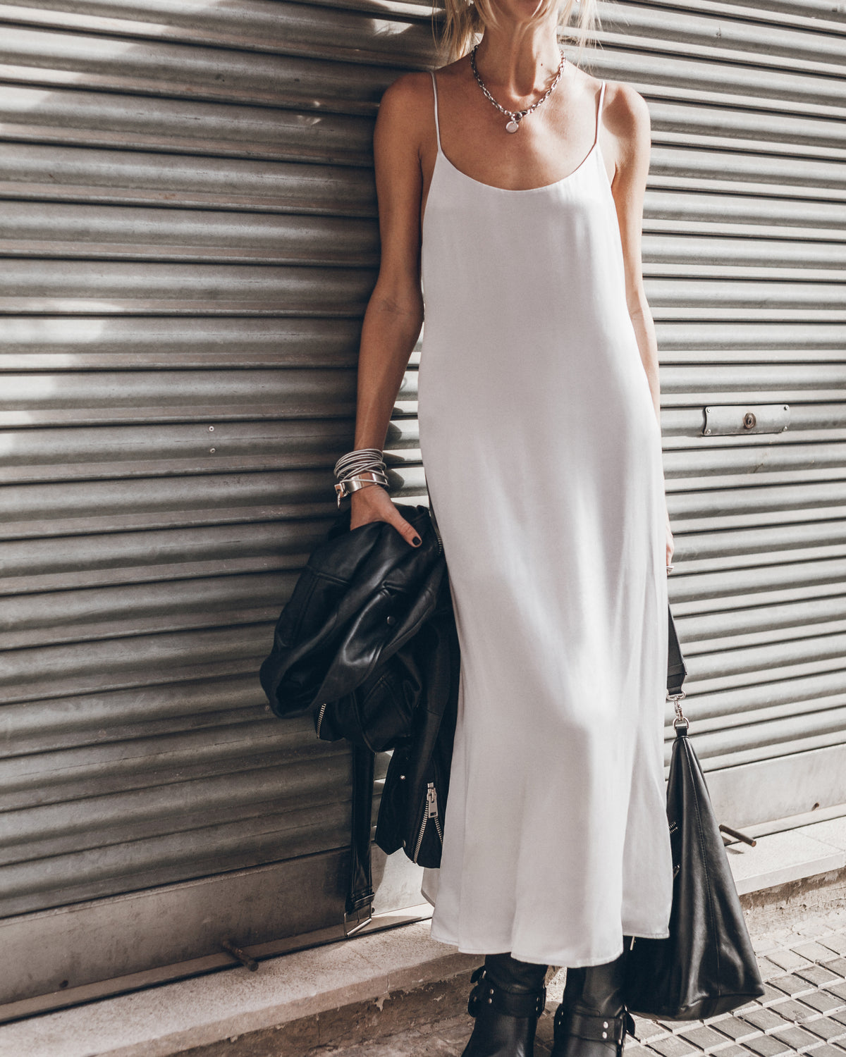The Silver Satin Long Slip Dress