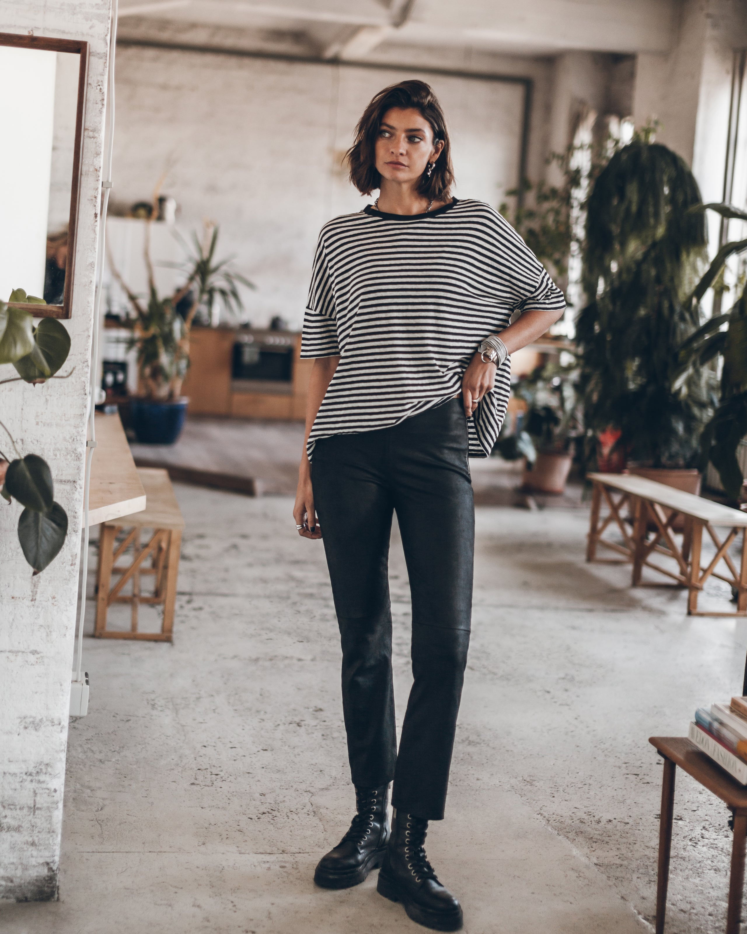 The Striped Long Loose Thin Linen Shirt The Black Cropped Leather Pants The Black Laced Leather B...