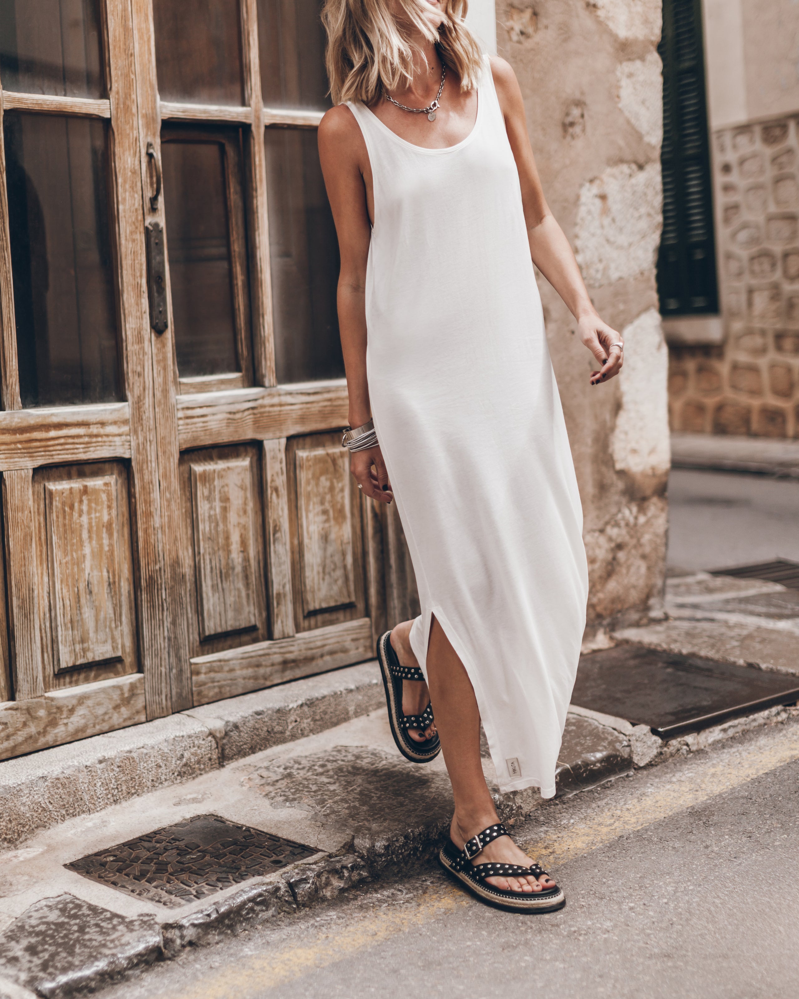 The White Low Back Base Tank Dress The Black Chunky Sandals - Product photo