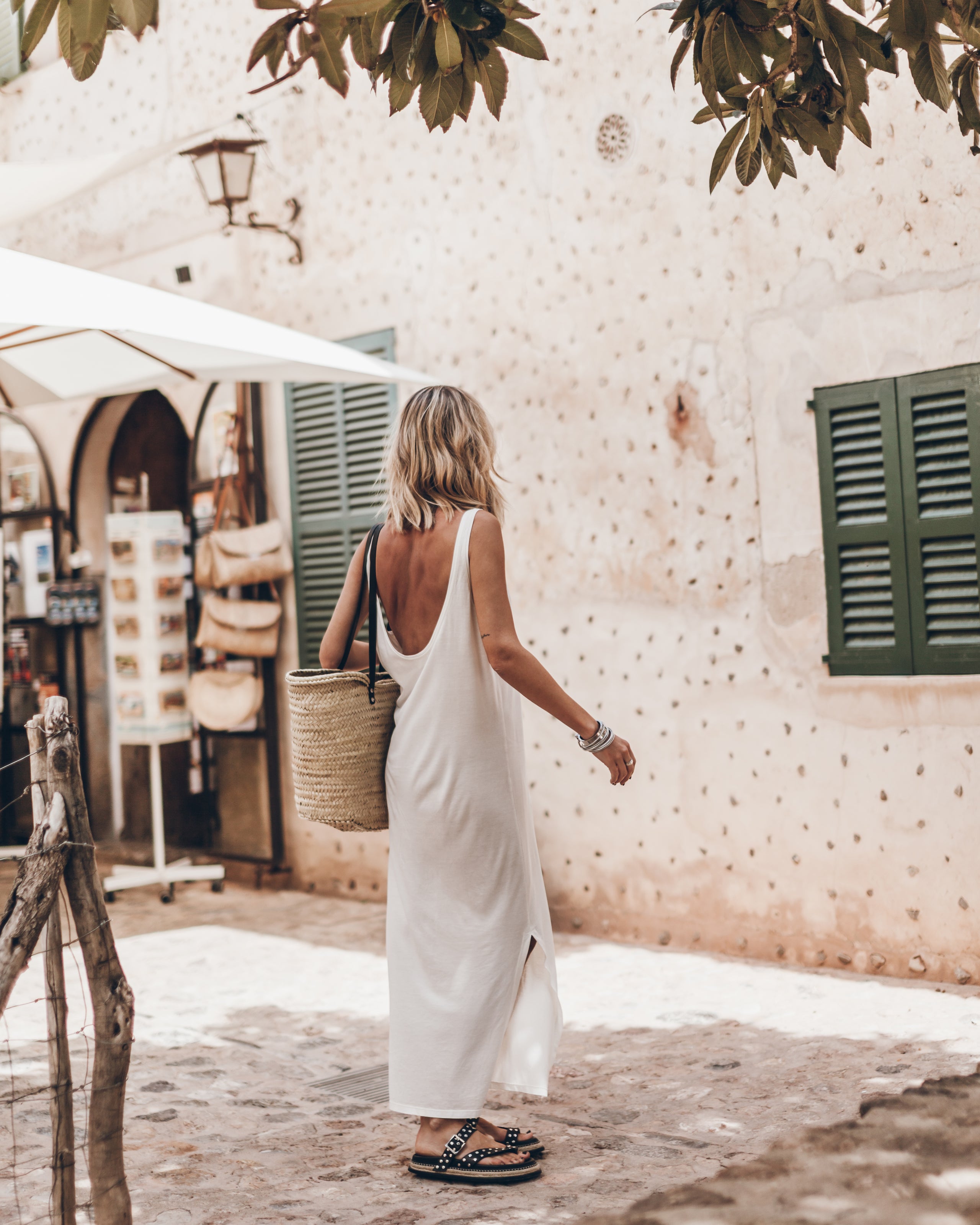 The White Low Back Base Tank Dress The Black Chunky Sandals The Large Cesta Bag - Product photo