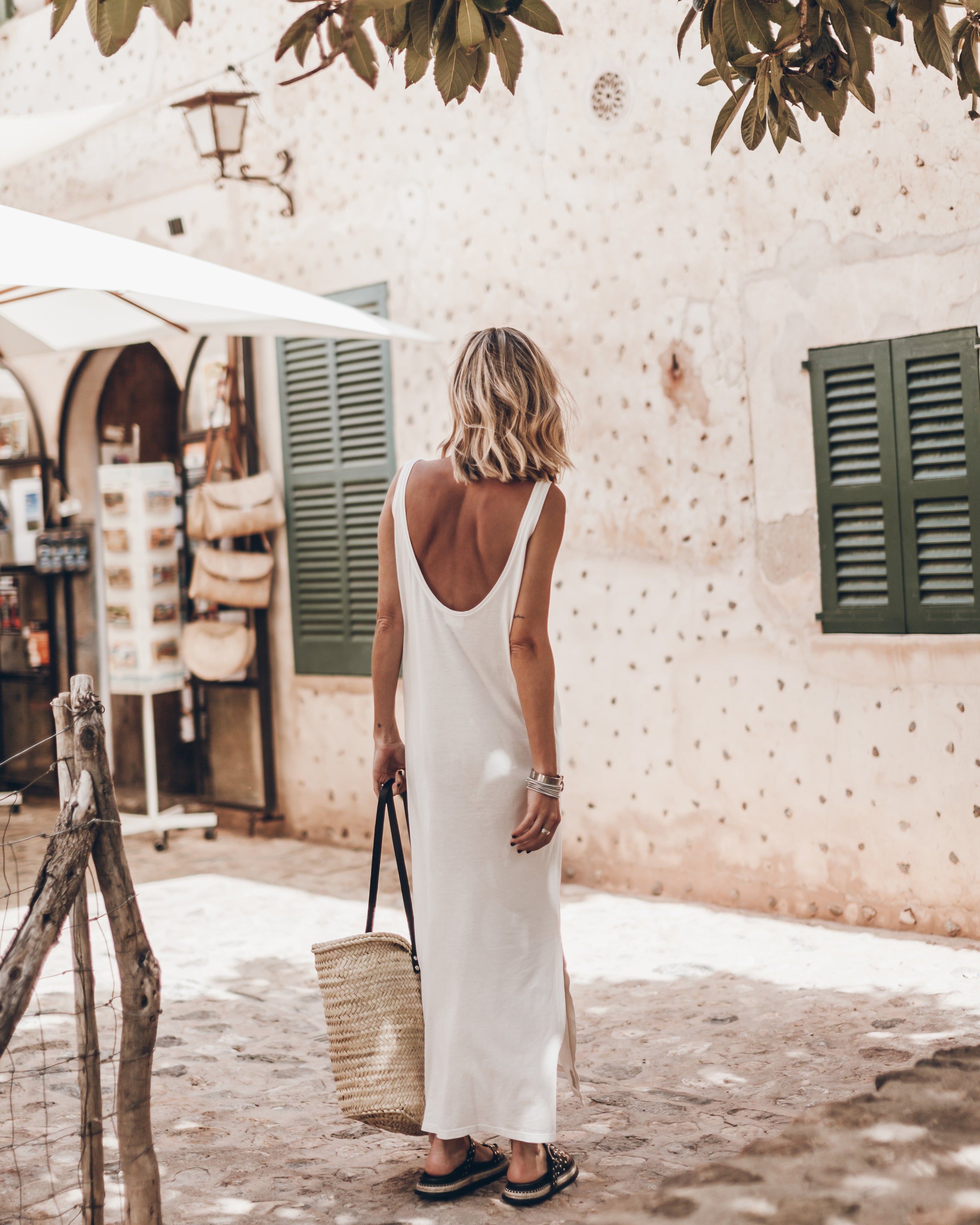 The White Low Back Base Tank Dress The Black Chunky Sandals The Large Cesta Bag - Product photo