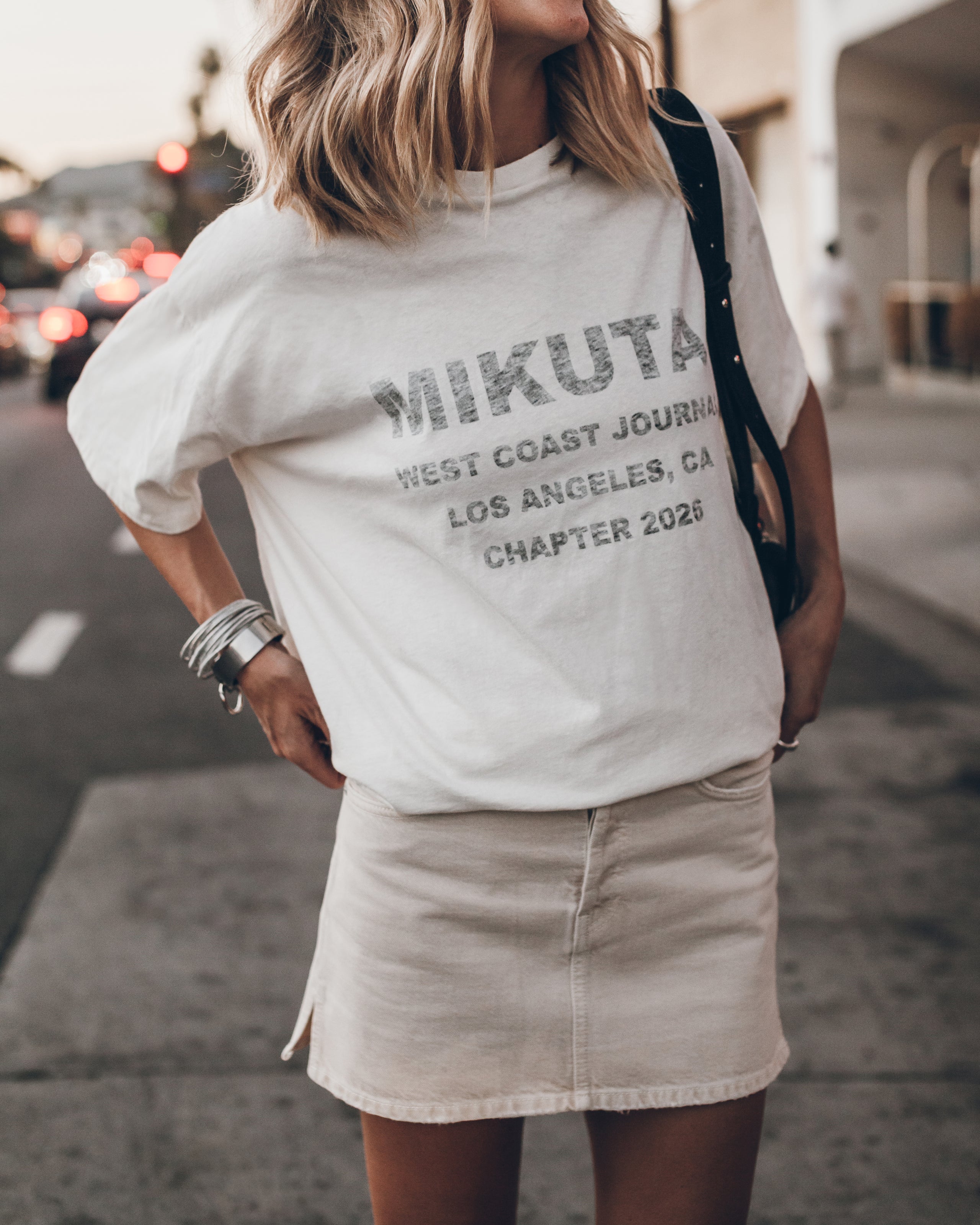 The White Oversized Shirt The Greige Denim Mini Skirt The Dark Suede Minou Bag The Black Buckle B...