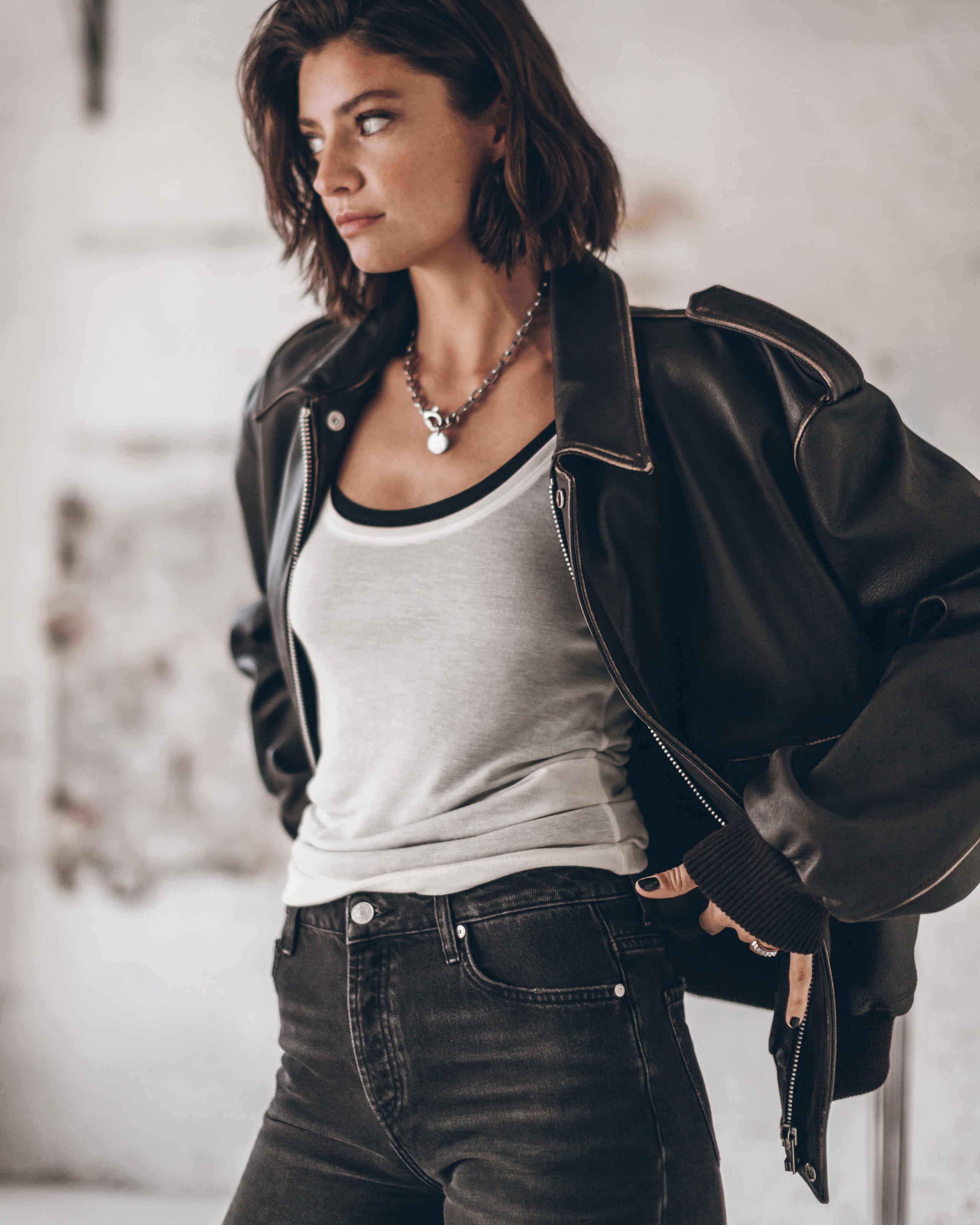 The White Sheer Tank Top The Brown Vintage Leather Jacket The Black Sheer Tank Top The Off Neckla...