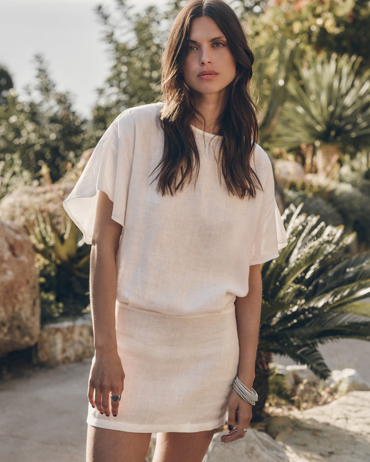The White Short Linen Bat Dress