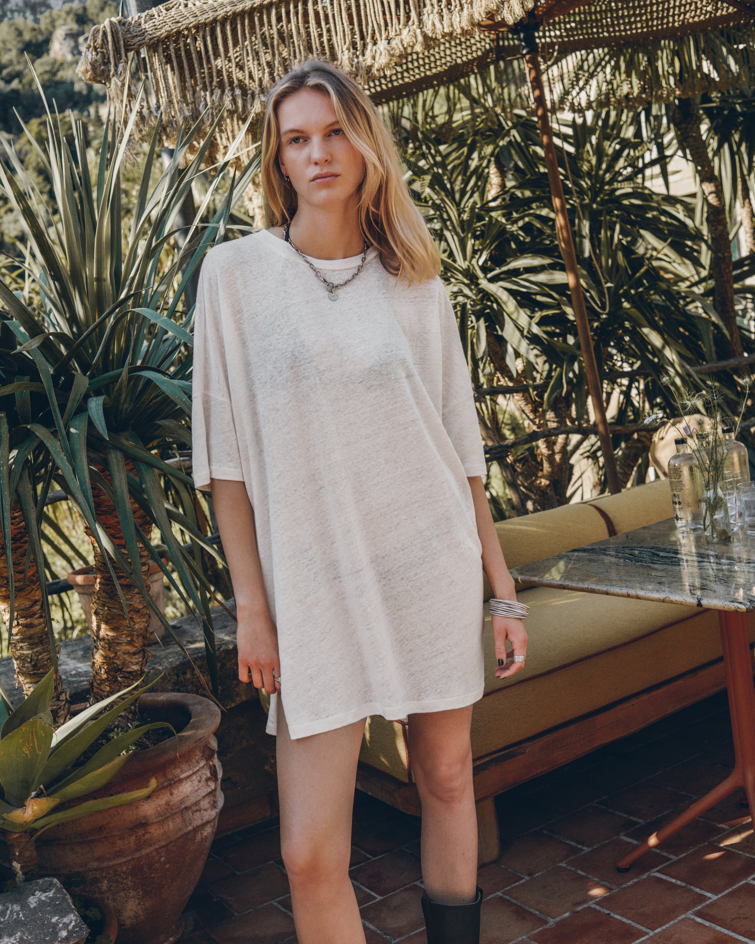 The White Short Loose Linen T-Shirt Dress